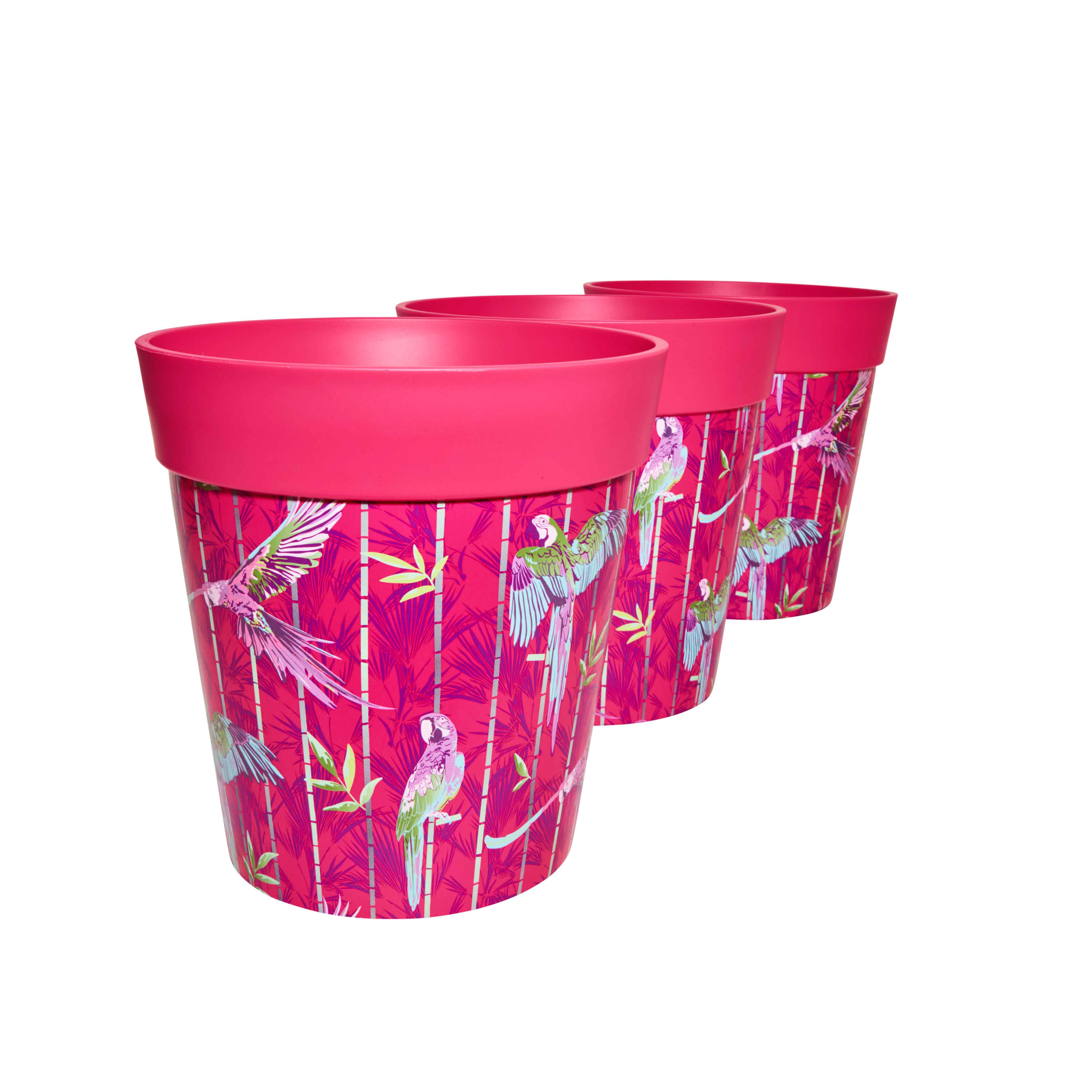 Picture of 3 Medium 22cm Plastic Pink Parrots Pattern Indoor/Outdoor Flowerpots