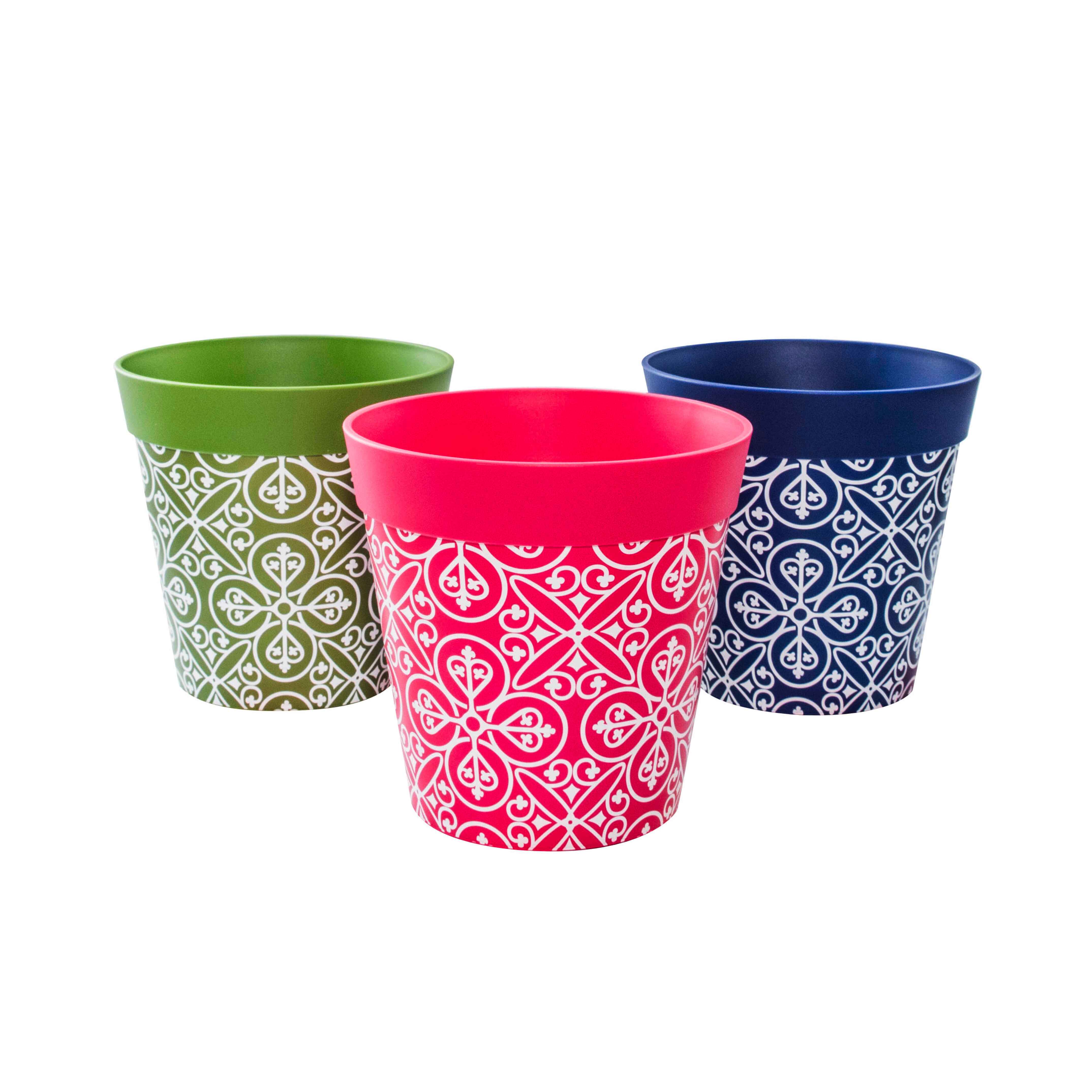 Picture of 3 Small 15cm Plastic Blue Multi Colour Moroccan Style Indoor/Outdoor Flowerpots