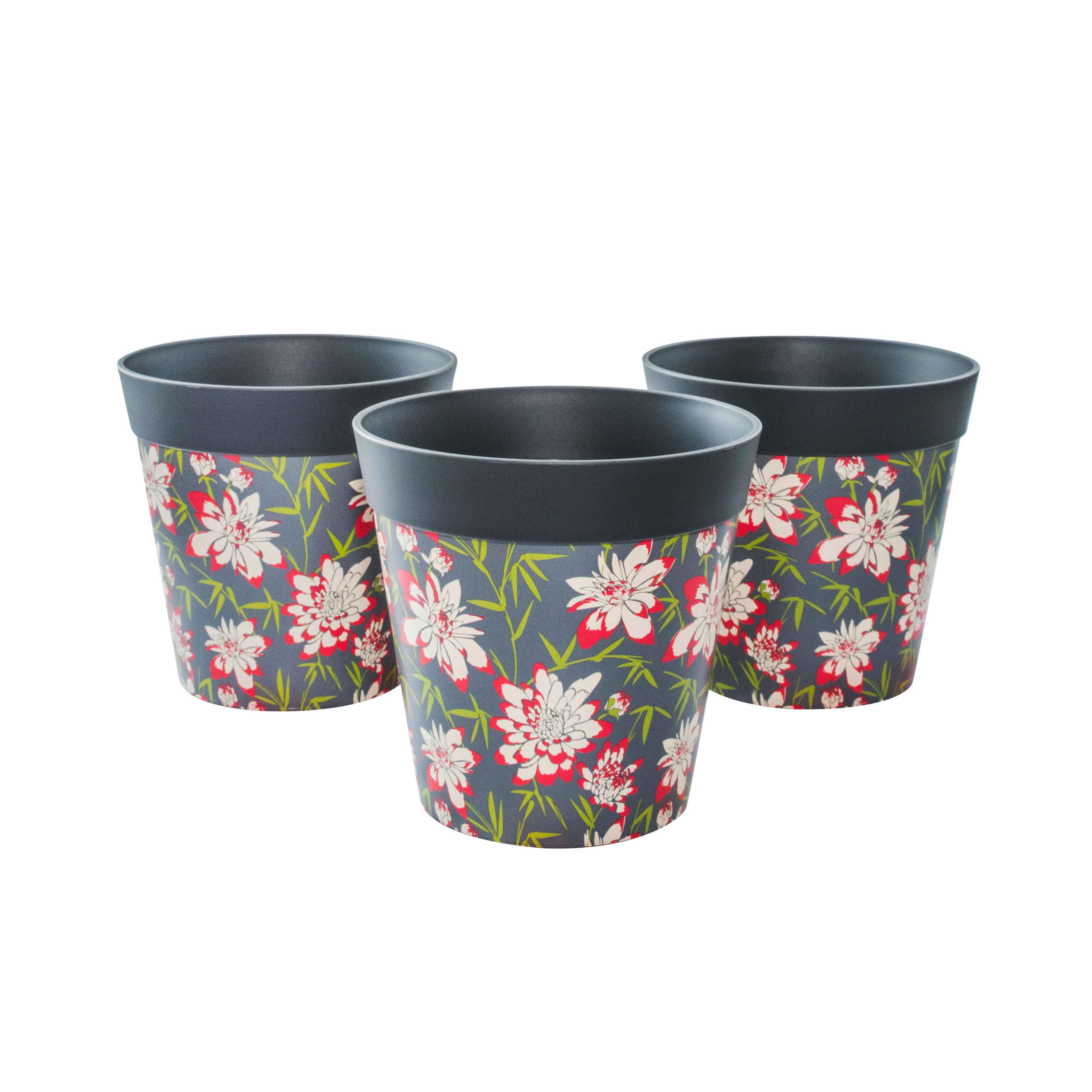 Picture of 3 Small 15cm Plastic Grey Bamboo and Flowers Pattern Indoor/Outdoor Flowerpots