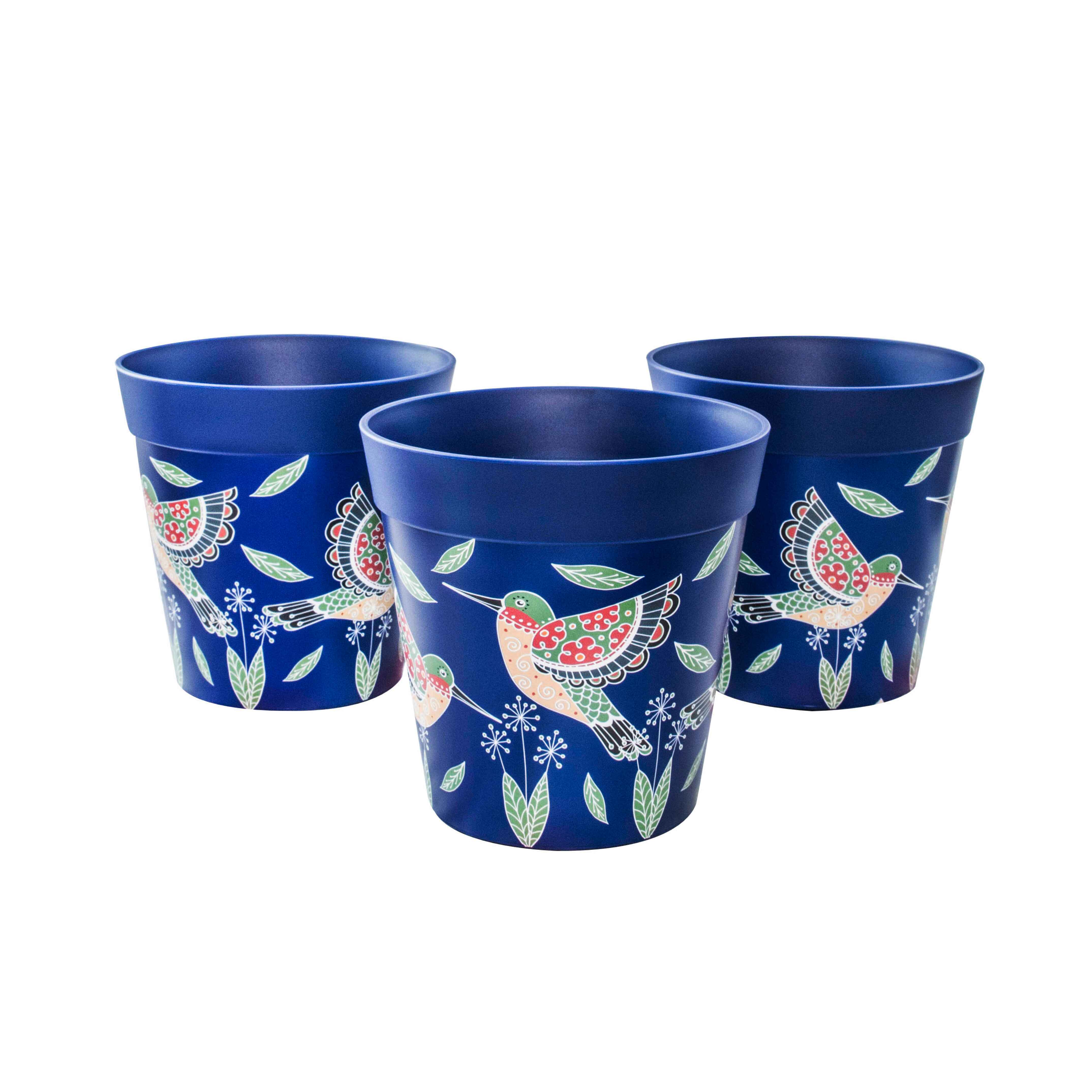 Picture of 3 Small 15cm Plastic Blue Hummingbird Pattern Indoor/Outdoor Flowerpots