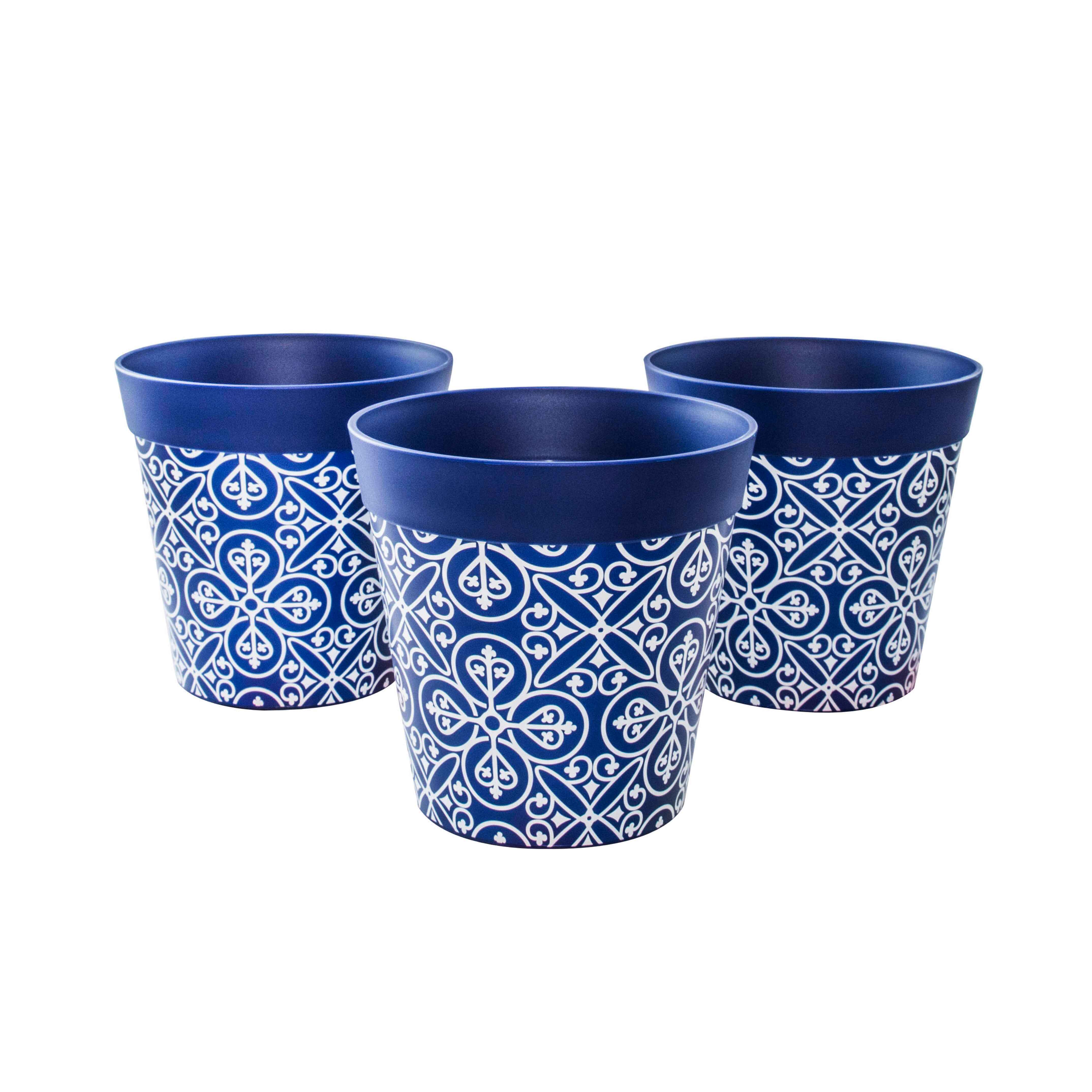 Picture of 3 Small 15cm Plastic Blue Moroccan Style Indoor/Outdoor Flowerpots