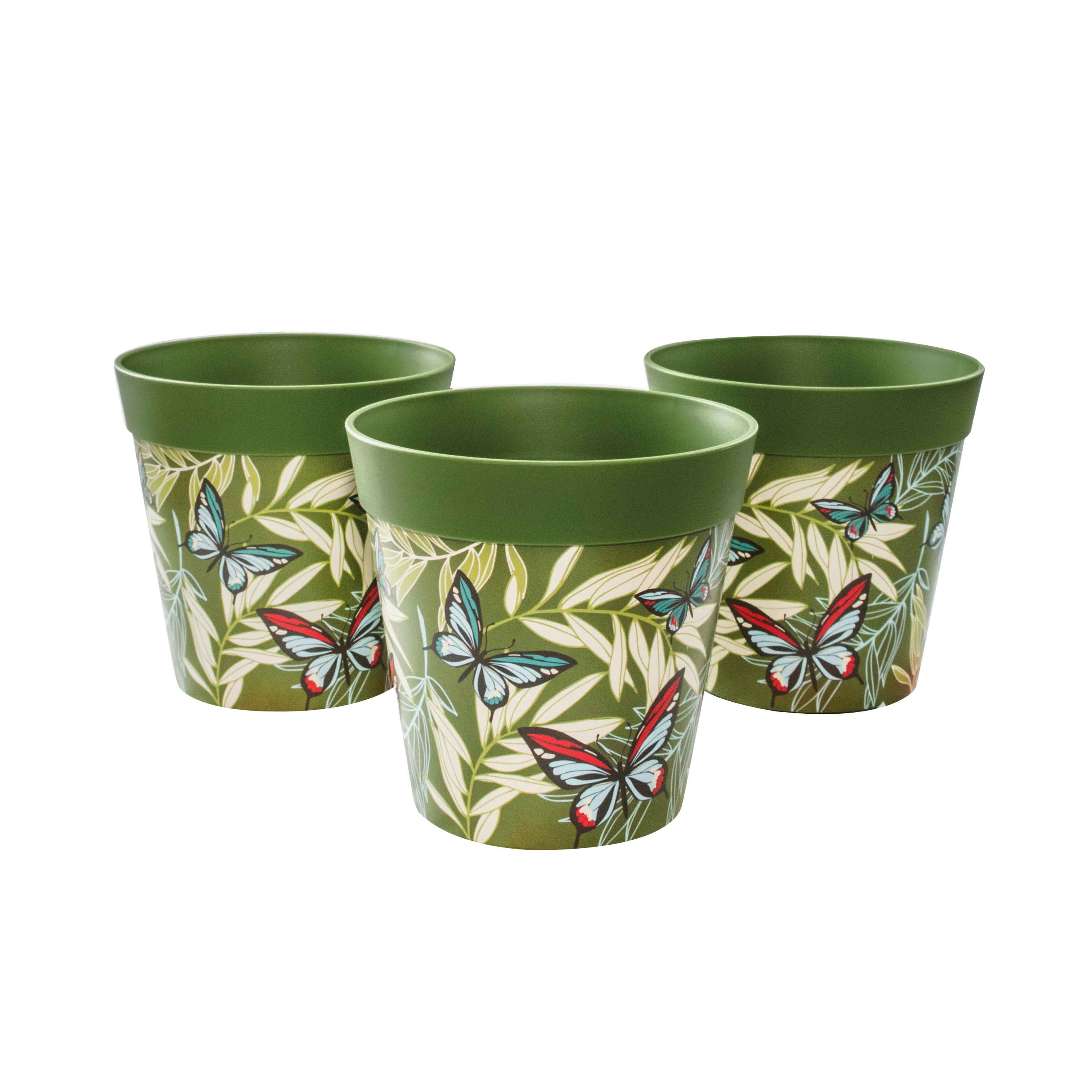 Picture of 3 Small 15cm Plastic Green Butterfly and Palm Leaves  Pattern Indoor/Outdoor Flowerpots