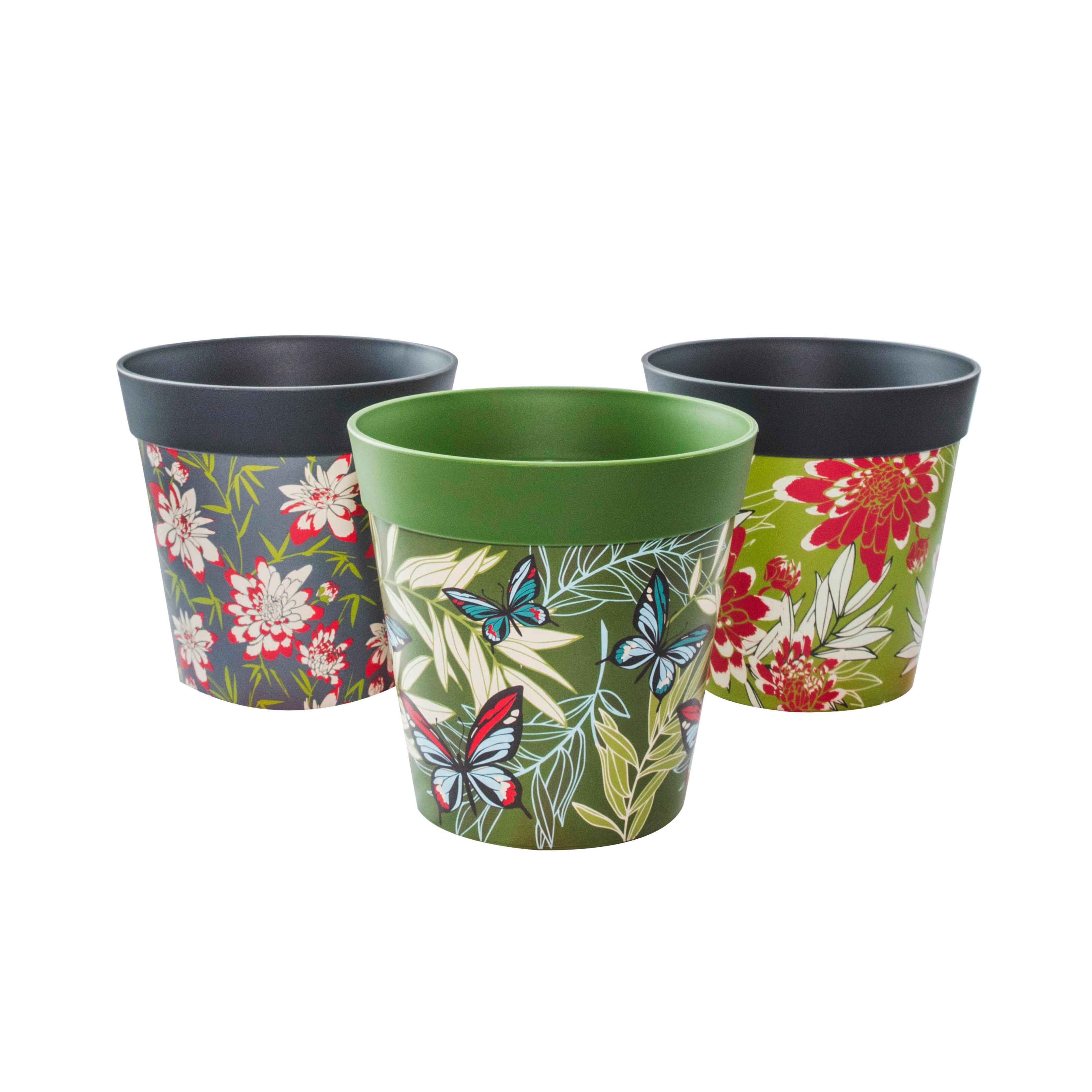 Picture of 3 Small 15cm Plastic Multi Colour Floral Pattern Indoor/Outdoor Flowerpots