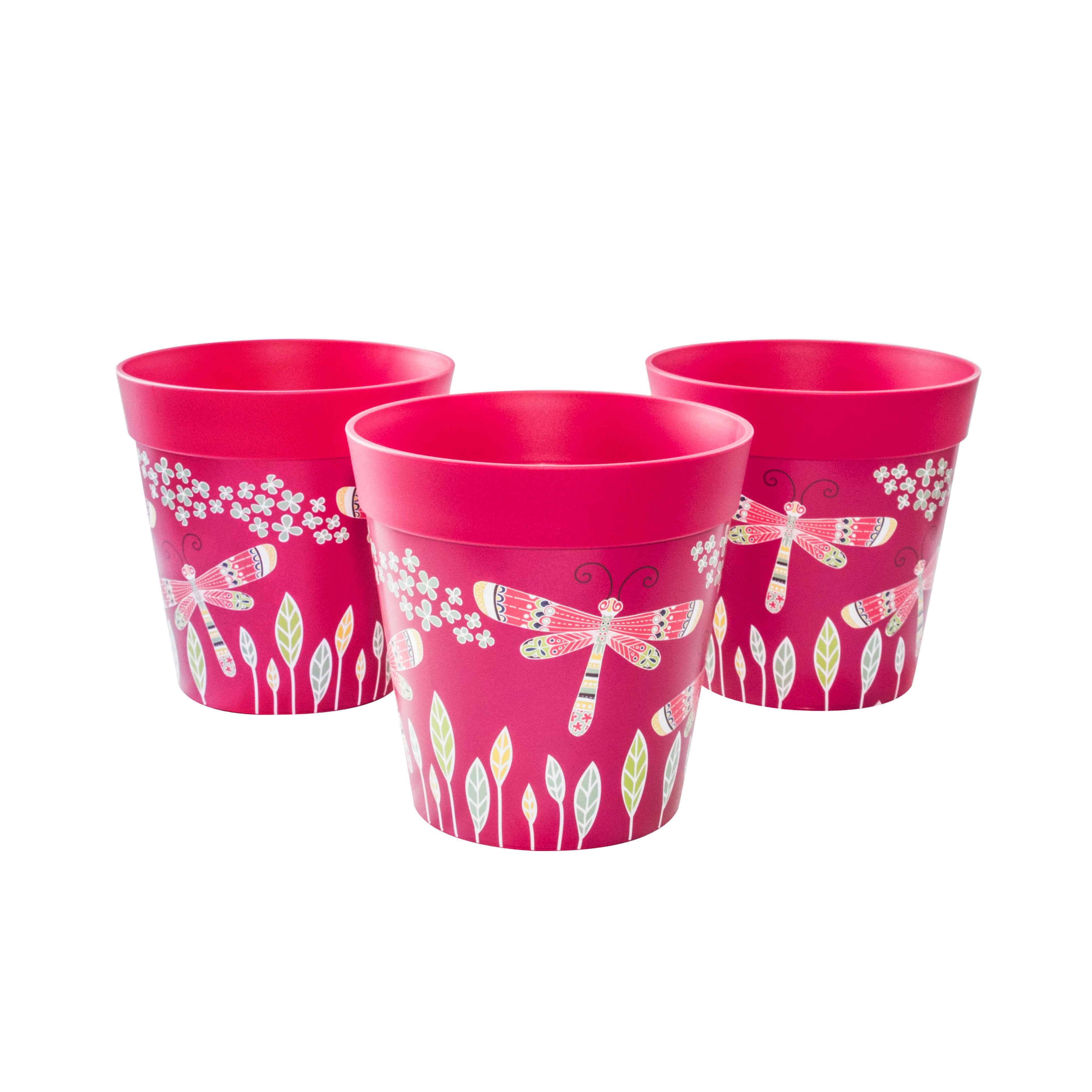 Picture of 3 Small 15cm Plastic Pink Dragonfly Pattern Indoor/Outdoor Flowerpots