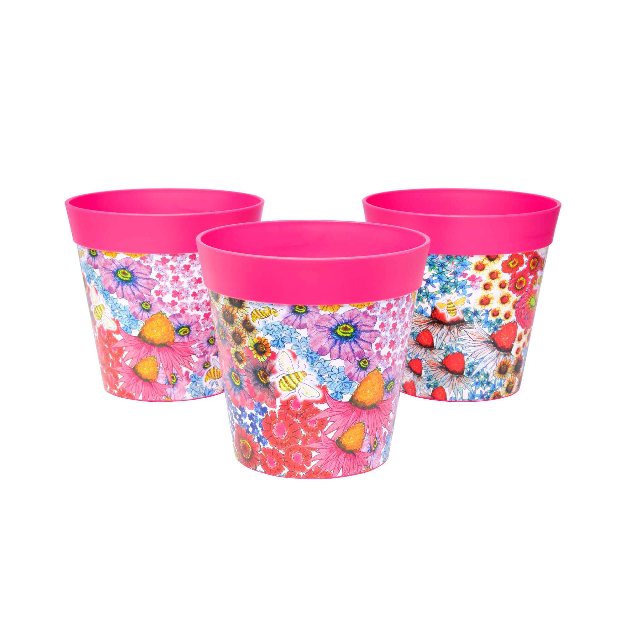 Picture of 3 Small 15cm Plastic Pink Flowers and Bees Pattern Indoor/Outdoor Flowerpots