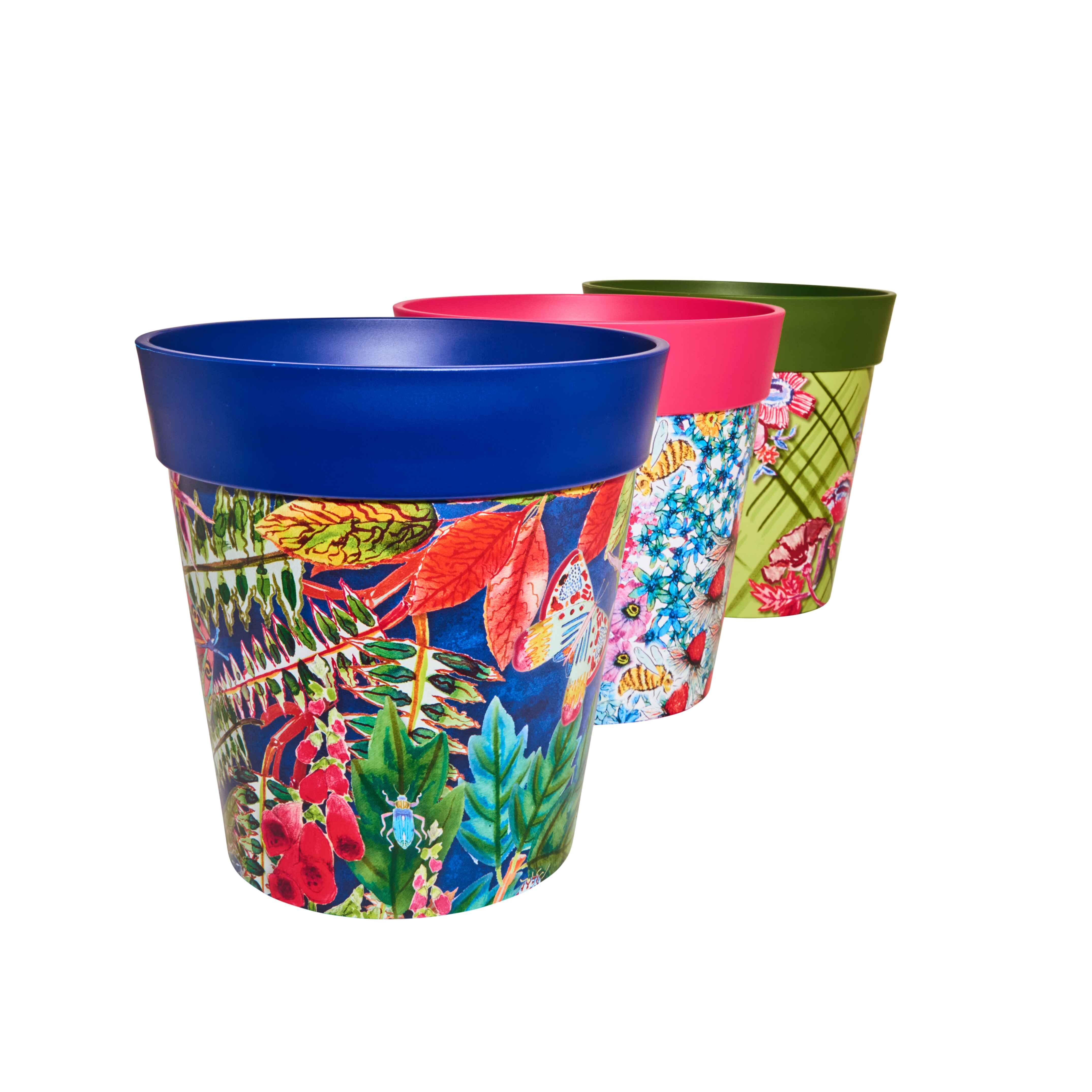 Picture of 3 Medium 22cm Plastic Multi Colour Floral Pattern Indoor/Outdoor Flowerpots
