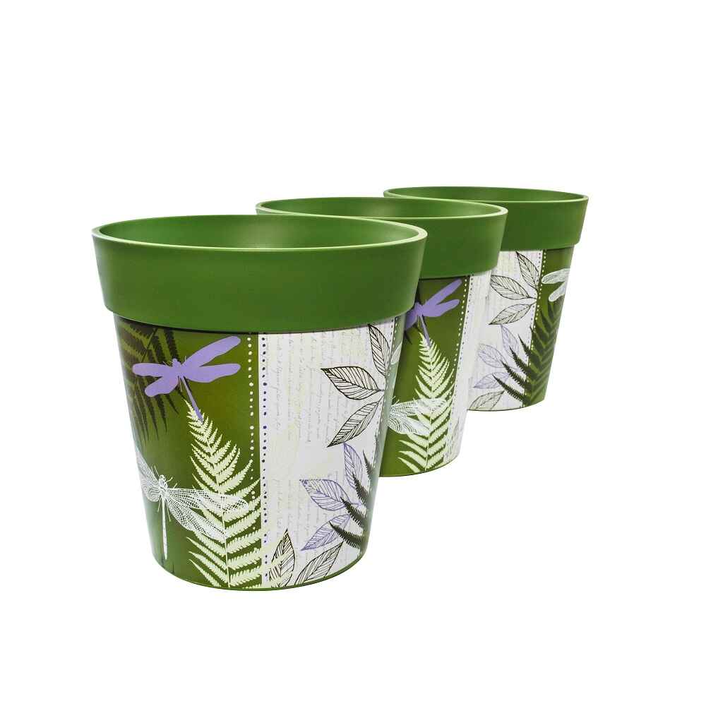 Picture of 3 Medium 22cm Plastic Green Dragonflies Pattern Indoor/Outdoor Flowerpots