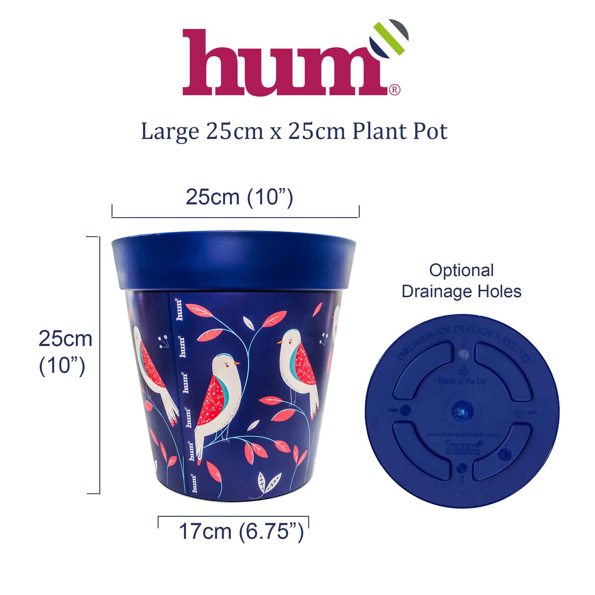 Blue bird pattern large 25cm indoor/outdoor plant pot
