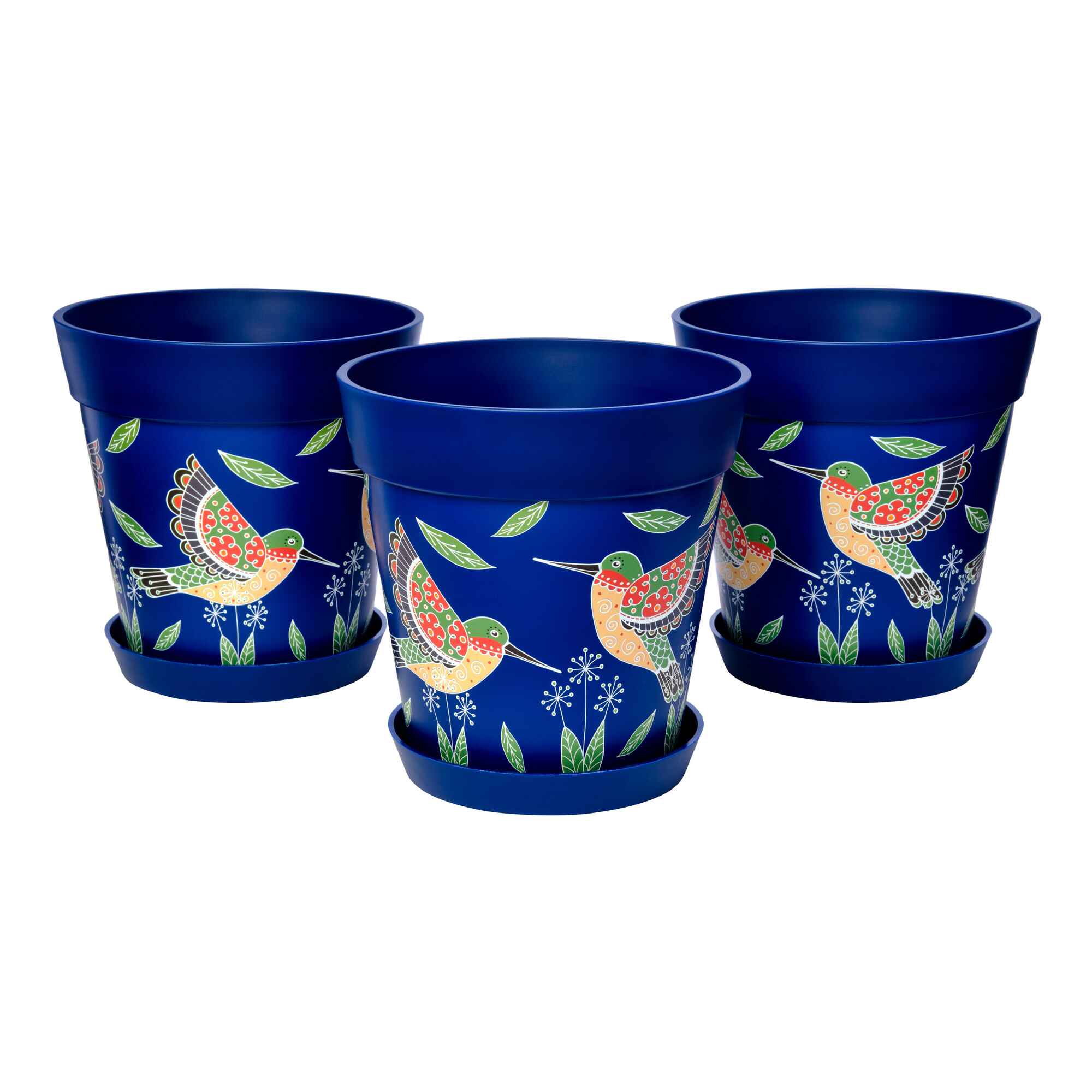 Picture of 3 Medium 22cm Blue Hummingbird Pattern Plastic Indoor/Outdoor Flowerpot and Saucers