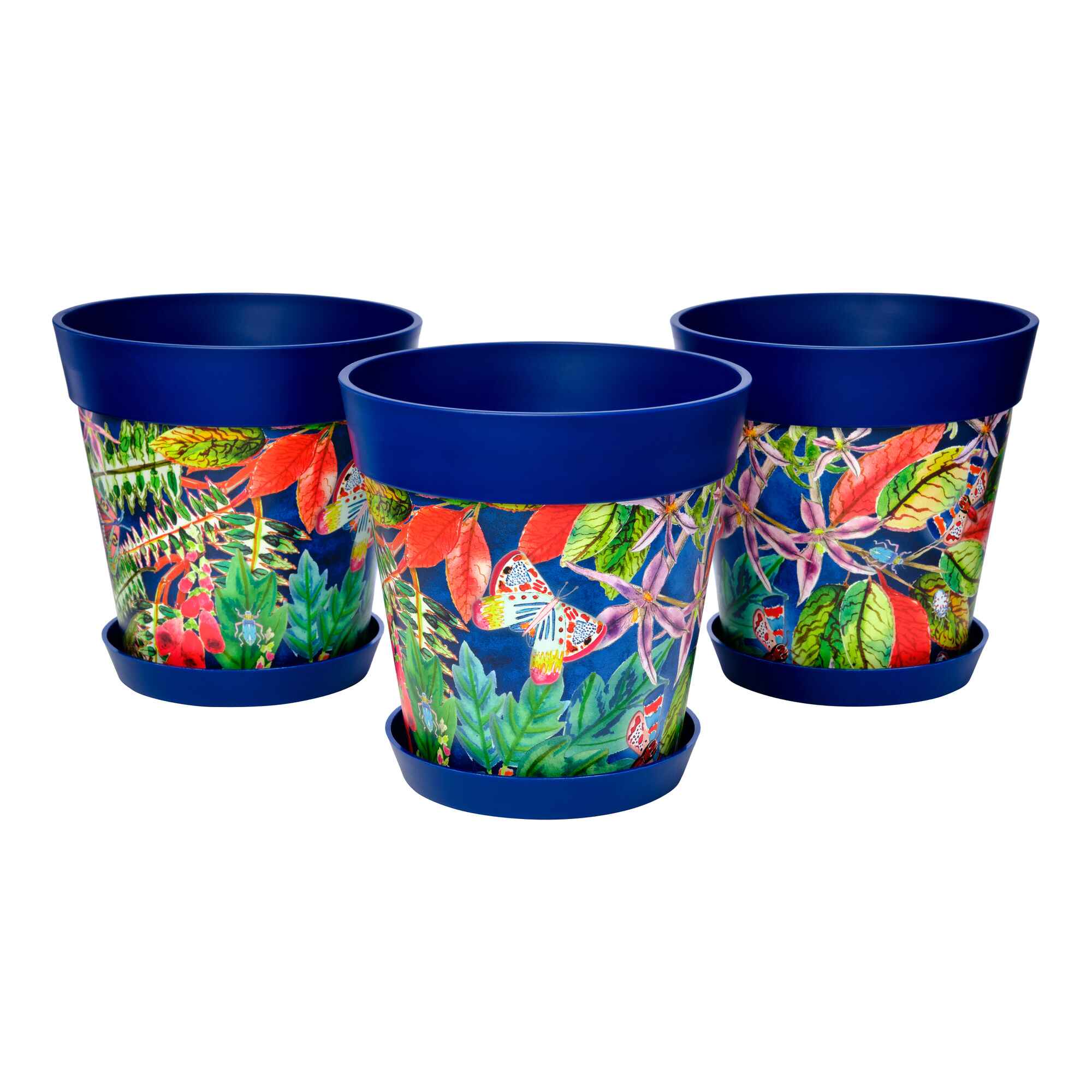 Picture of 3 Medium 22cm Blue Leaves and Butterflies Pattern Indoor/Outdoor Flower Pot and Saucers 