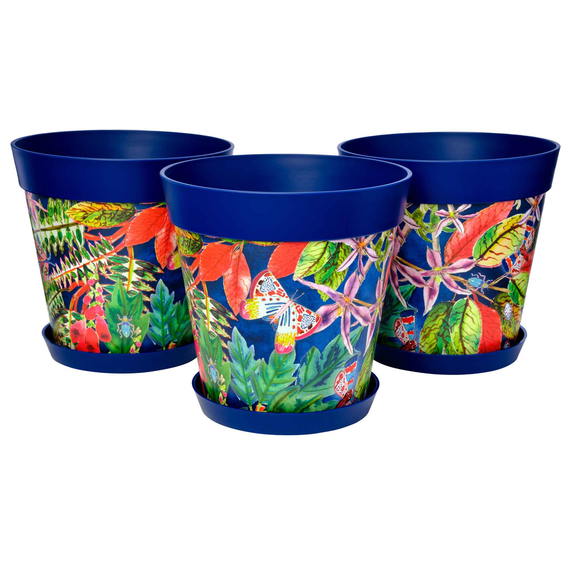 Picture of 3 Large 25cm Blue Leaves and Butterflies Pattern Indoor/Outdoor Flower Pot and Saucers 
