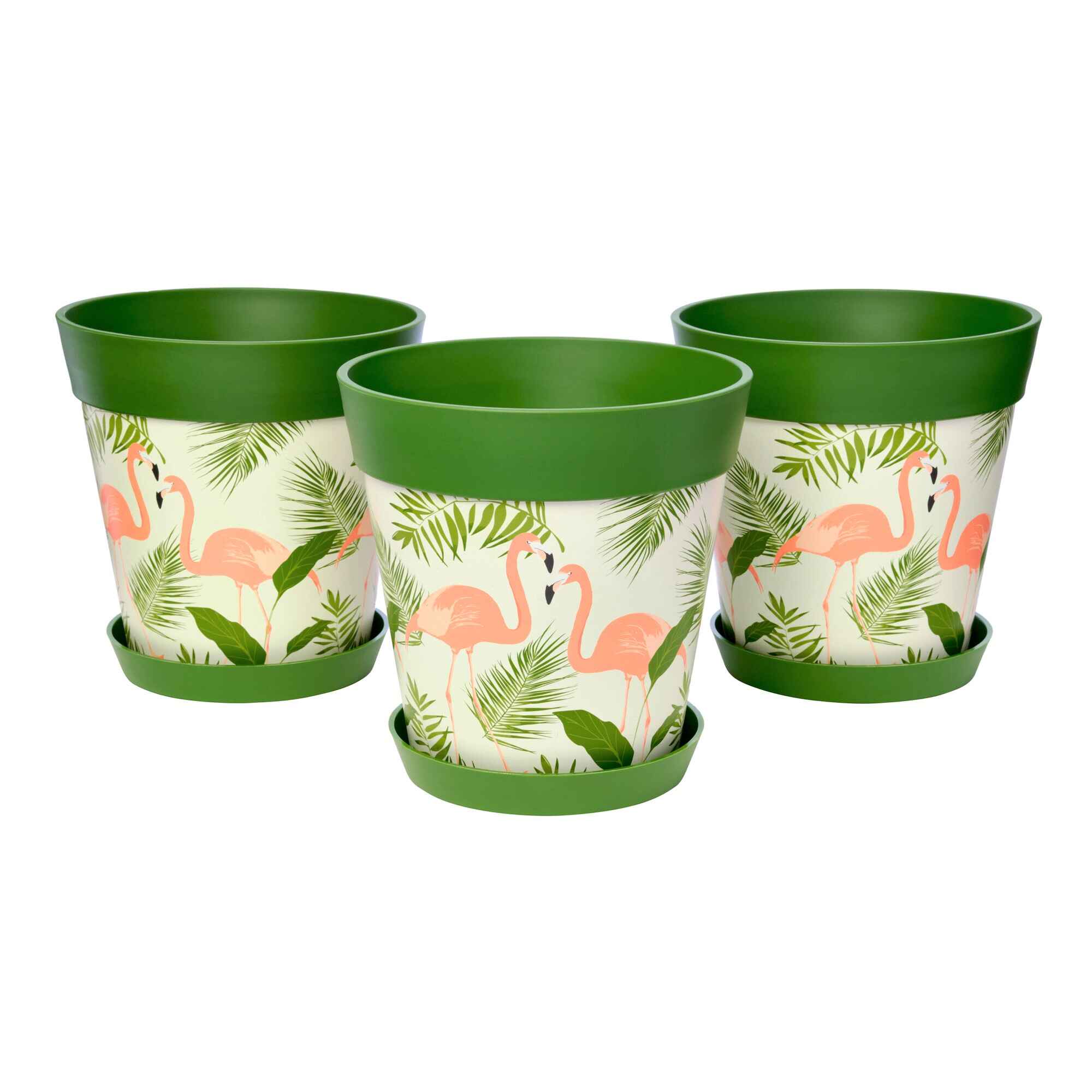 Picture of 3 Medium 22cm Green Flamingo Pattern Indoor/Outdoor Flower Pot and Saucers 