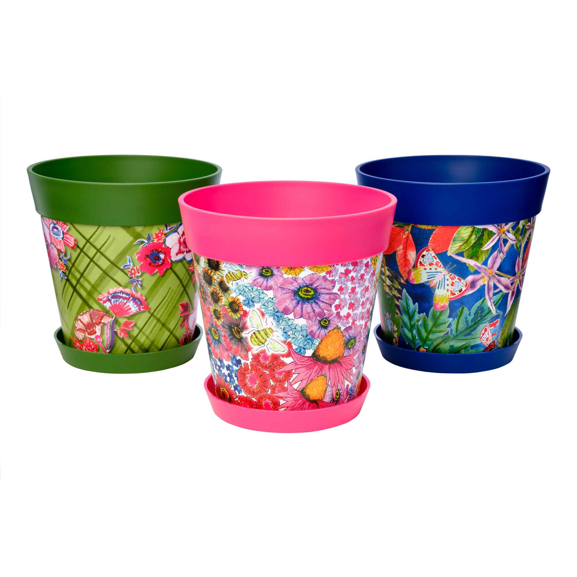 Picture of 3 Medium 22cm Plastic Multi Colour Floral Pattern Indoor/Outdoor Flowerpots with Saucers 
