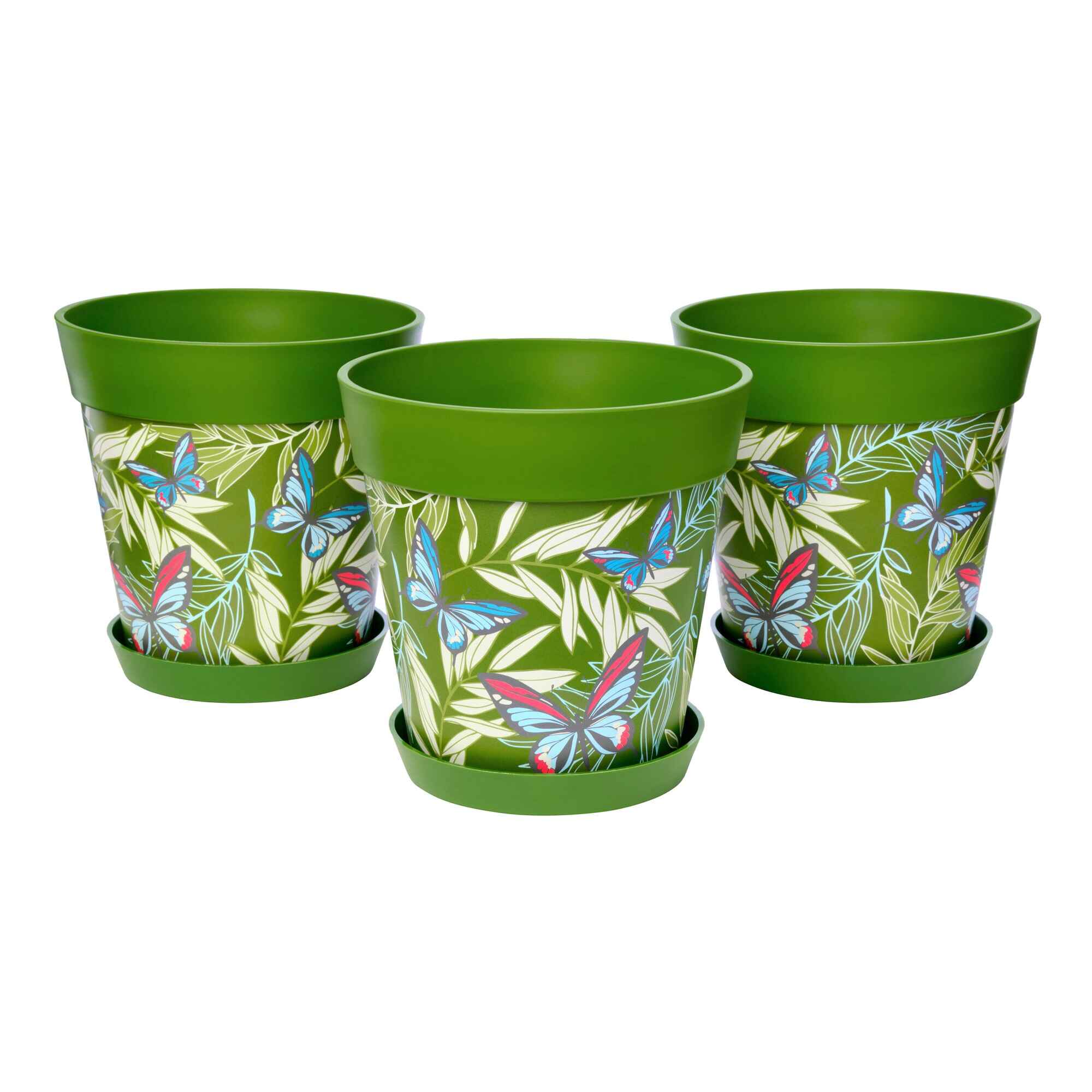 Picture of 3 Medium 22cm Green Butterflies and Palm Leaves Pattern Indoor/Outdoor Flower Pot and Saucers 