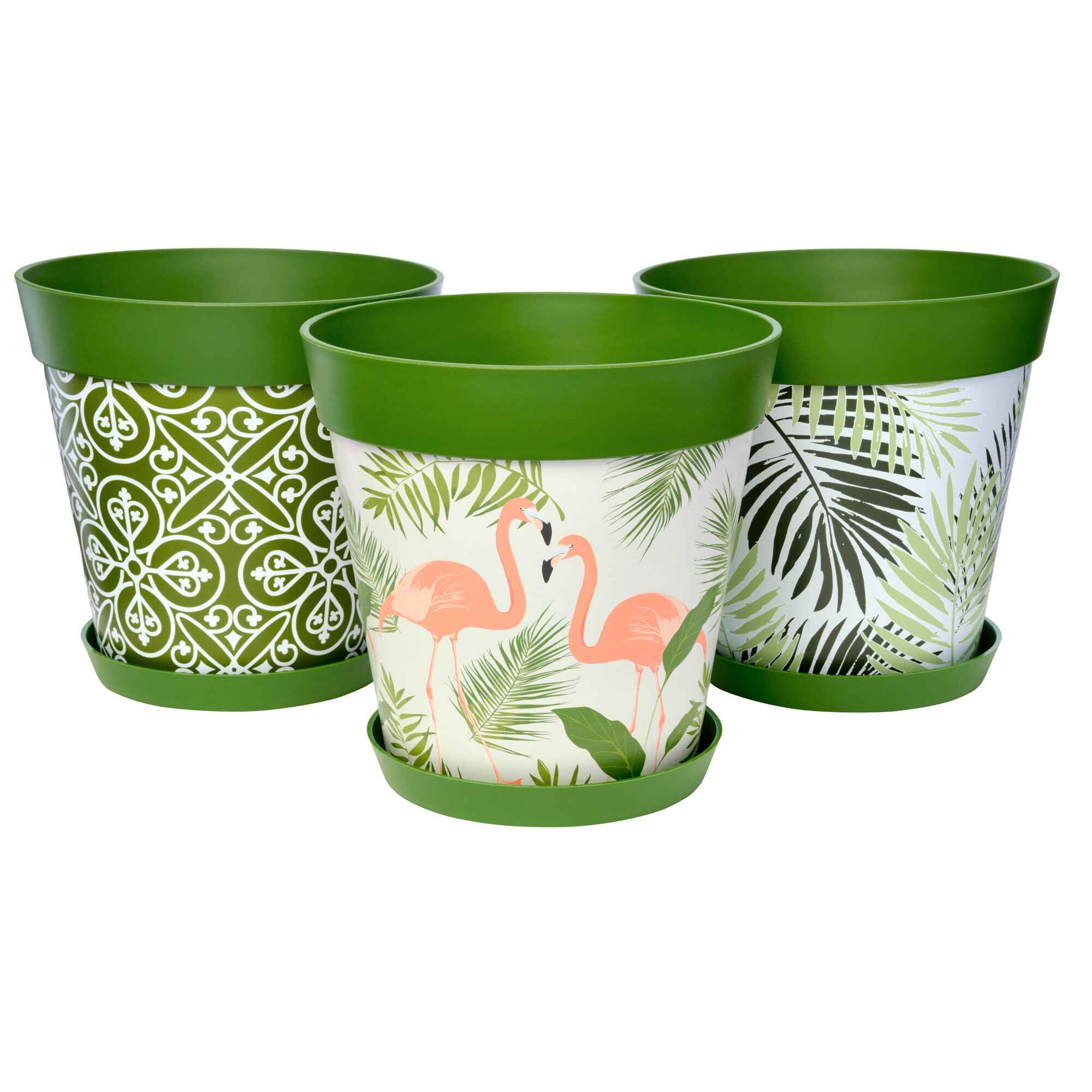 Picture of 3 Large 25cm Green Mixed Pattern Indoor/Outdoor Flower Pot and Saucers