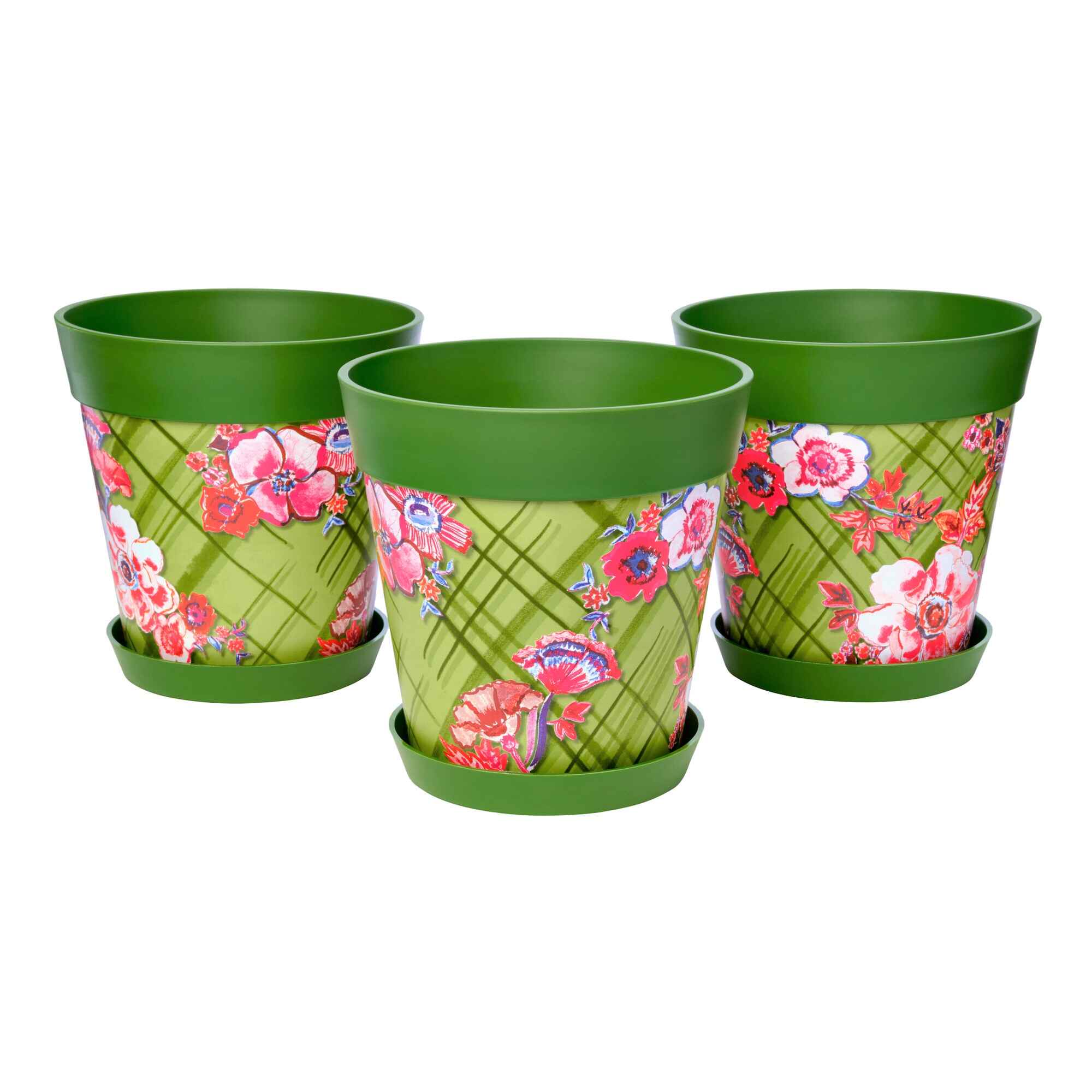 Picture of 3 Medium 22cm Green Trellis Pattern Indoor/Outdoor Flower Pot and Saucers 