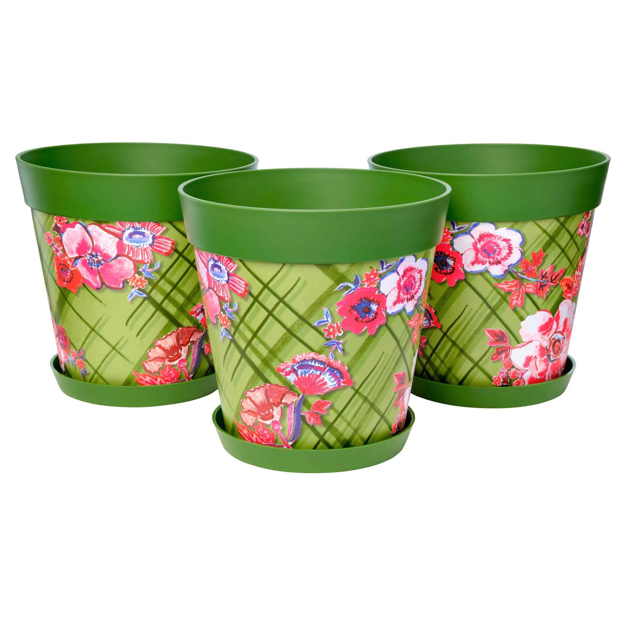 Picture of 3 Large 25cm Green Trellis Pattern Indoor/Outdoor Flower Pot and Saucers 