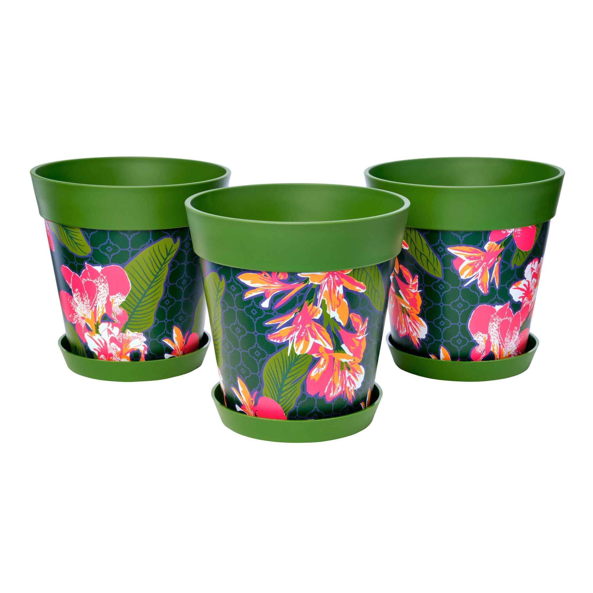 Picture of 3 Medium 22cm Green Tropical and Floral Pattern Indoor/Outdoor Flower Pot and Saucers 