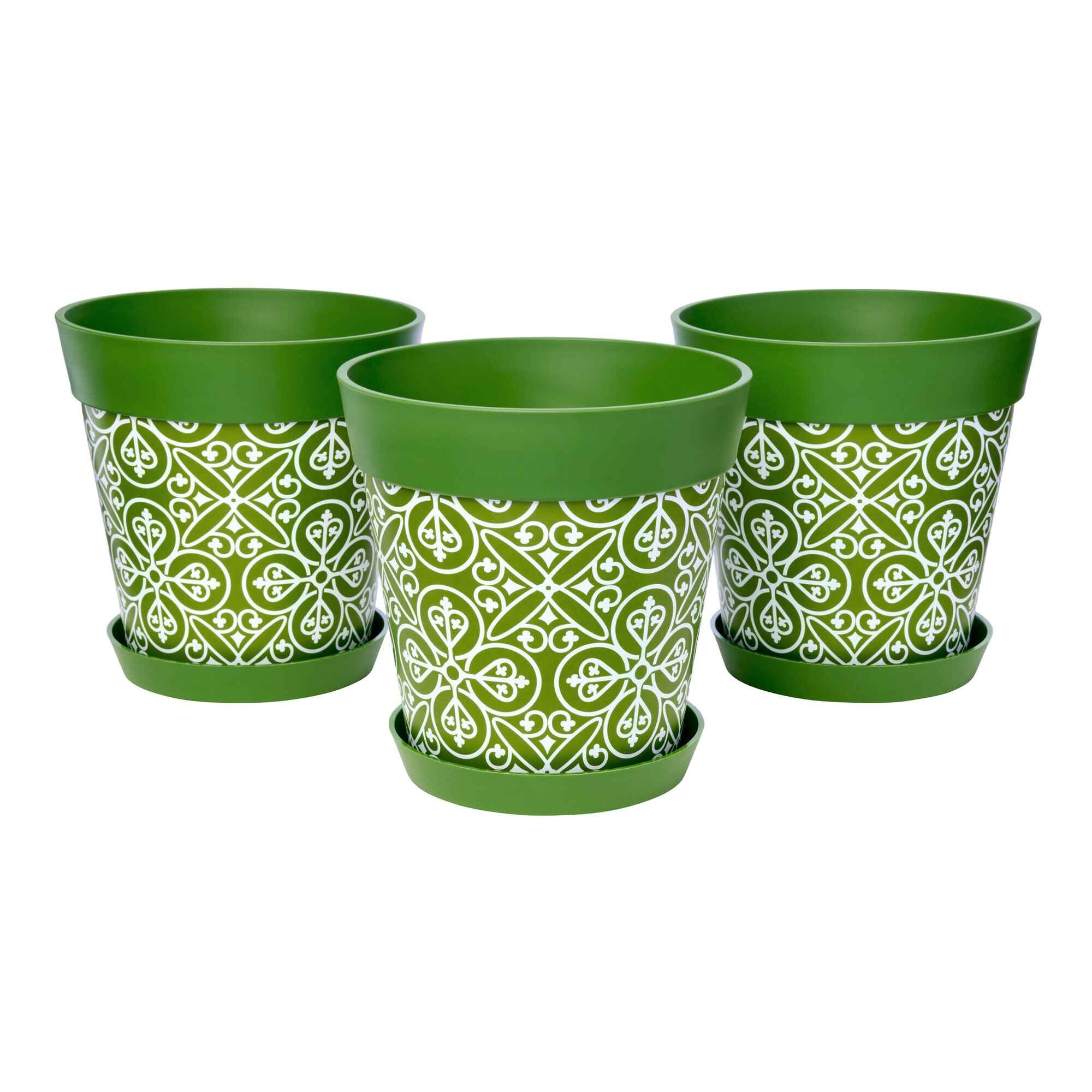 Picture of 3 Medium 22cm Green Moroccan Style Indoor/Outdoor Flower Pot and Saucers 