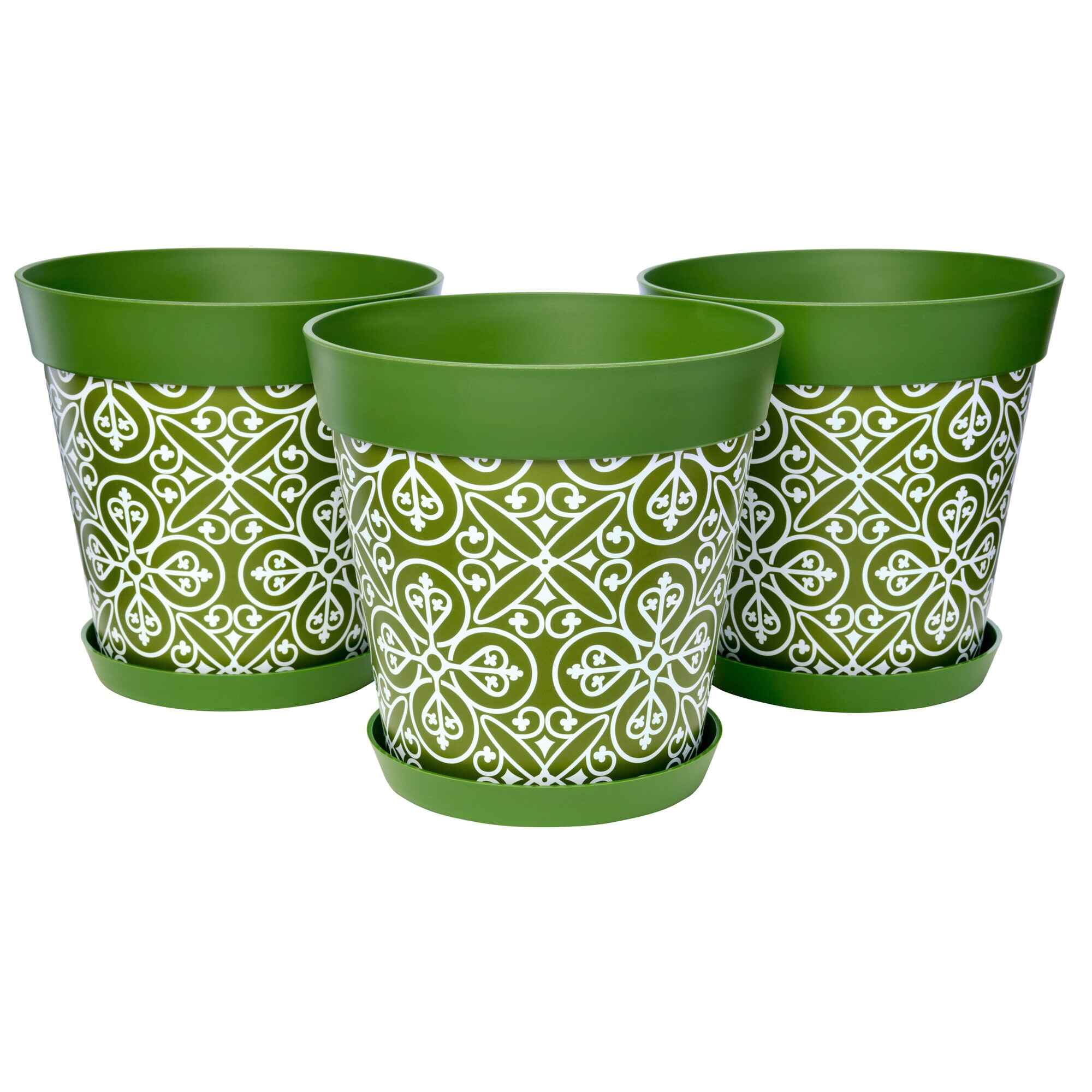 Picture of 3 Large 25cm Green Moroccan Style Indoor/Outdoor Flower Pot and Saucers 