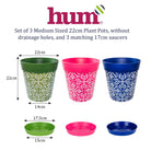 A diagram showing three plant pots with matching saucers in blue green and pink geometric patterns, showing their dimensions