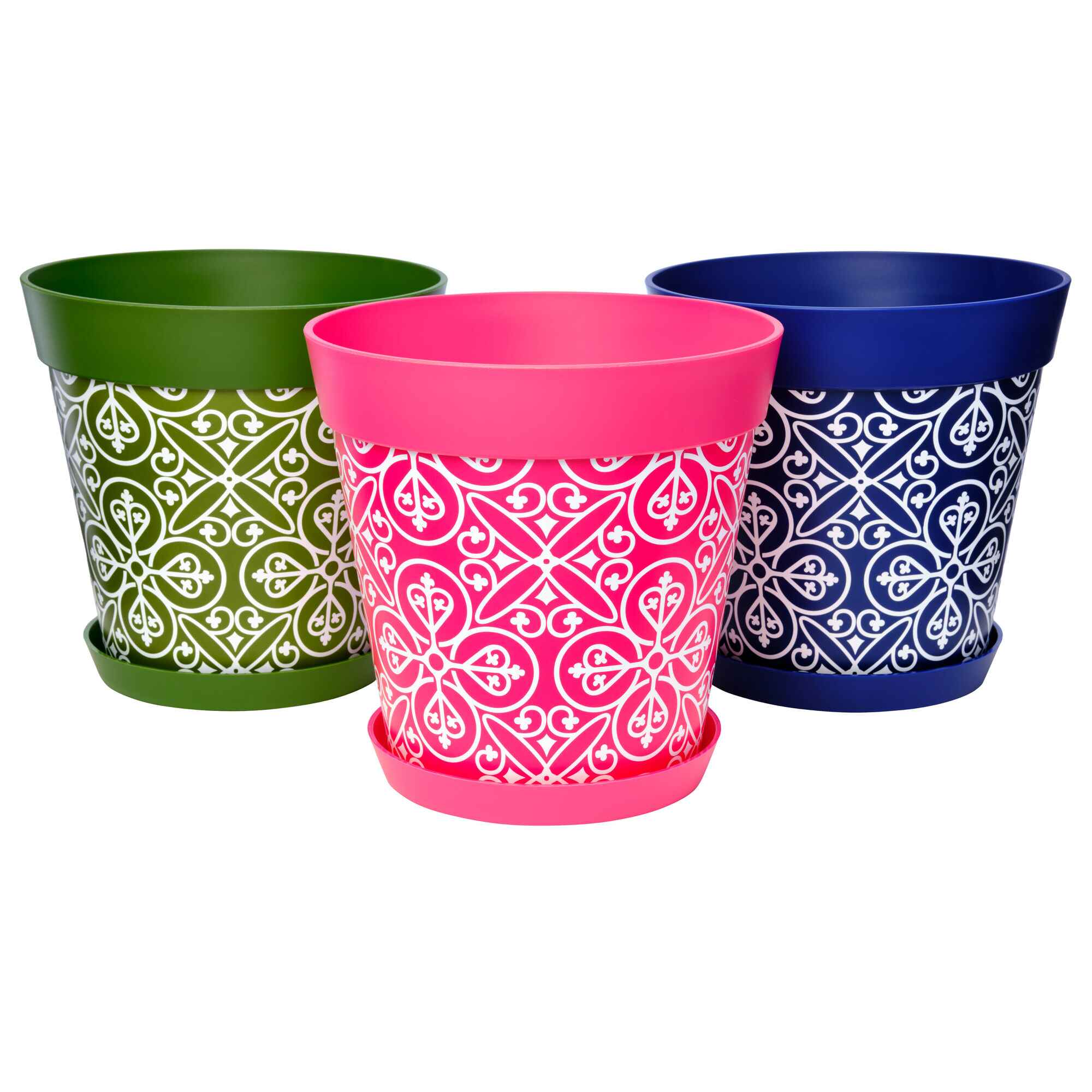 Picture of 3 Large 25cm Plastic Multi Colour Moroccan Style Indoor/Outdoor Flowerpots with Saucers 