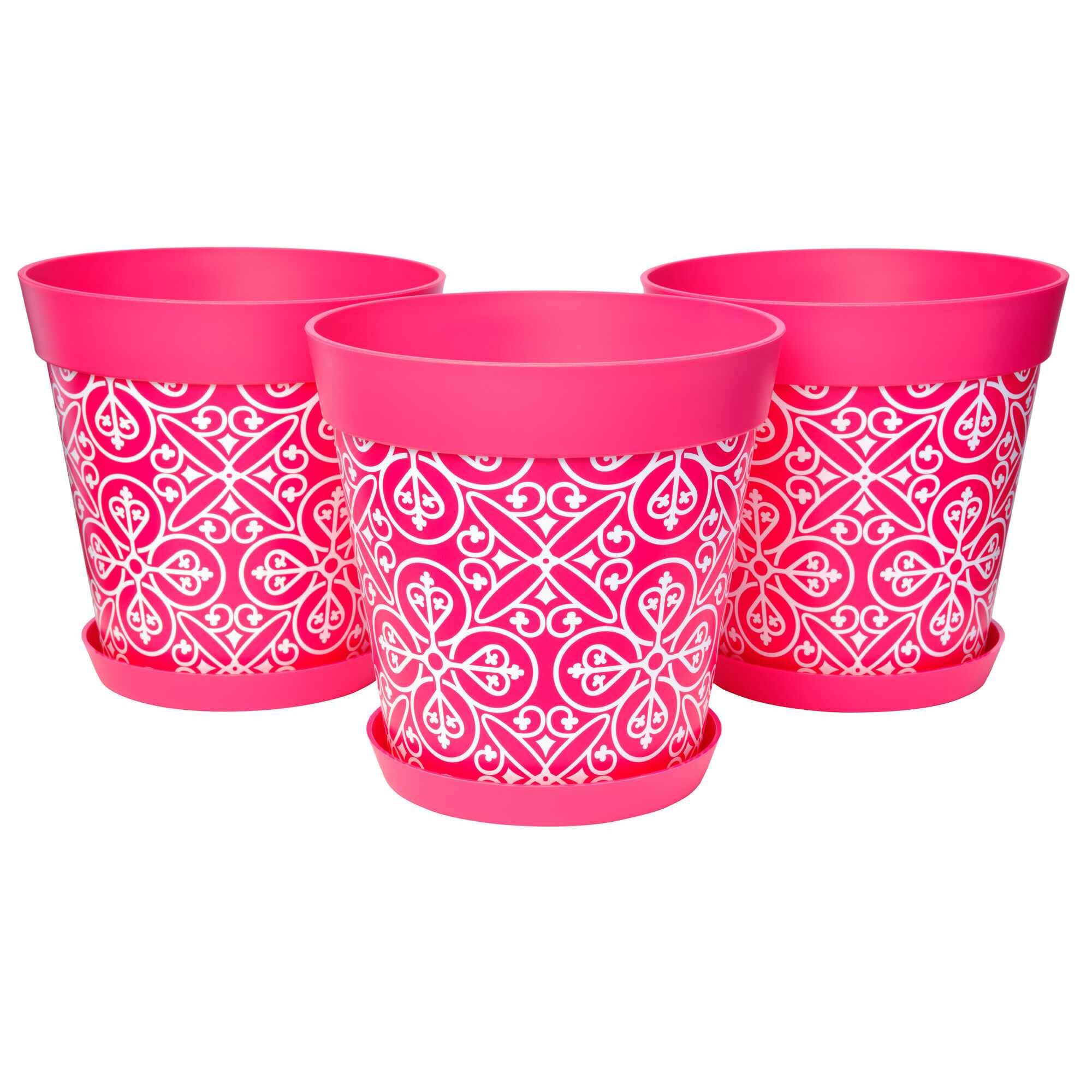 Picture of 3 Large 25cm Plastic Pink Moroccan Style Indoor/Outdoor Flowerpots with Saucers 
