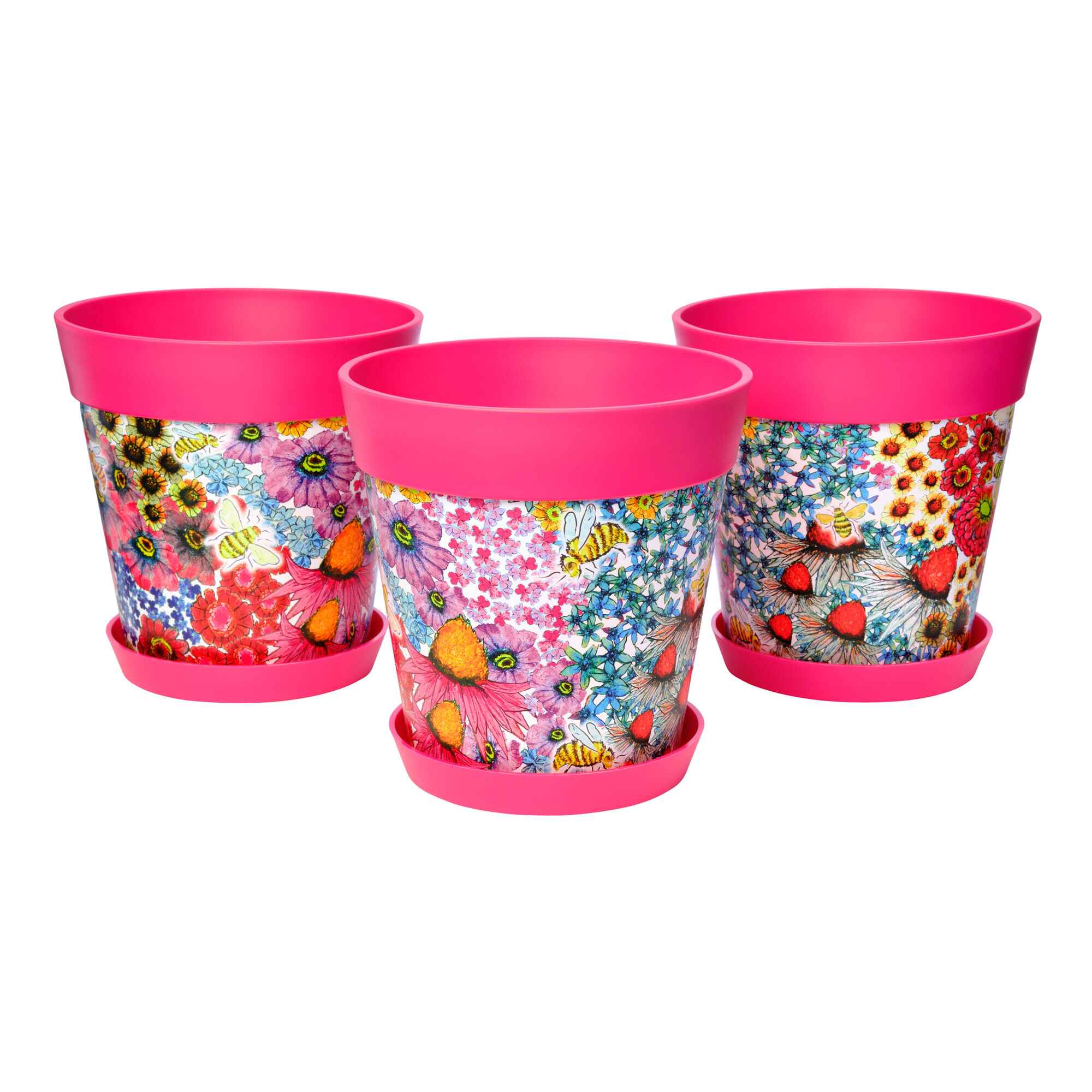 Picture of 3 Medium 22cm Plastic Pink Flowers and Bees Pattern Indoor/Outdoor Flowerpots with Saucers 