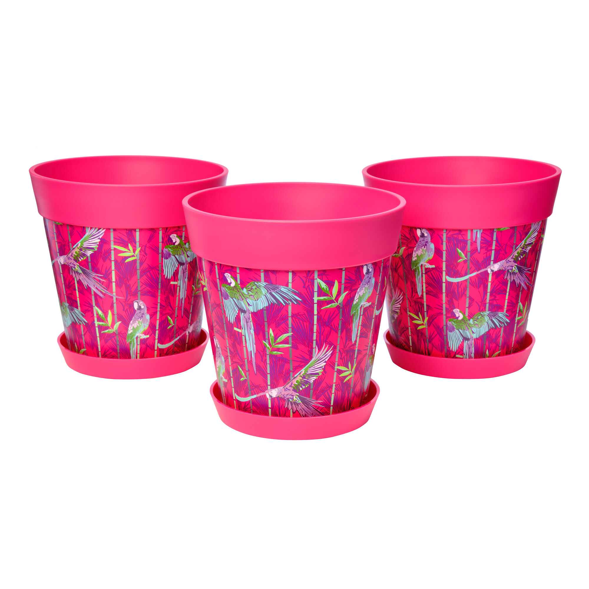 Picture of 3 Medium 22cm Plastic Pink Parrots Pattern Indoor/Outdoor Flowerpots with Saucers 