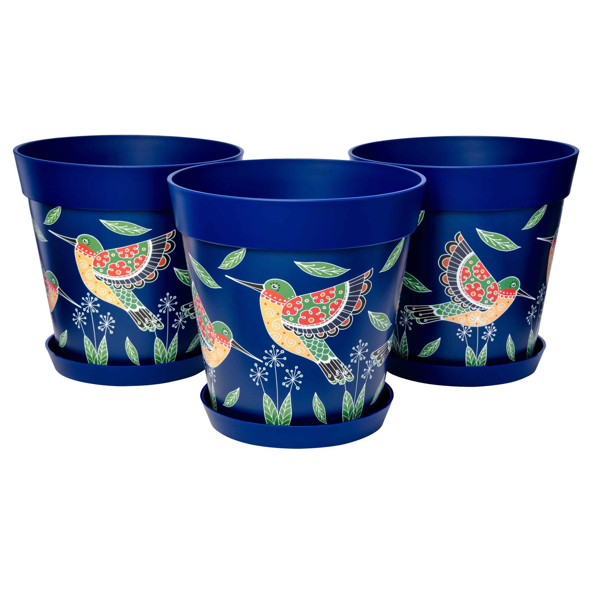 Picture of 3 Large 25cm Blue Hummingbird Pattern Plastic Indoor/Outdoor Flowerpots and Saucers