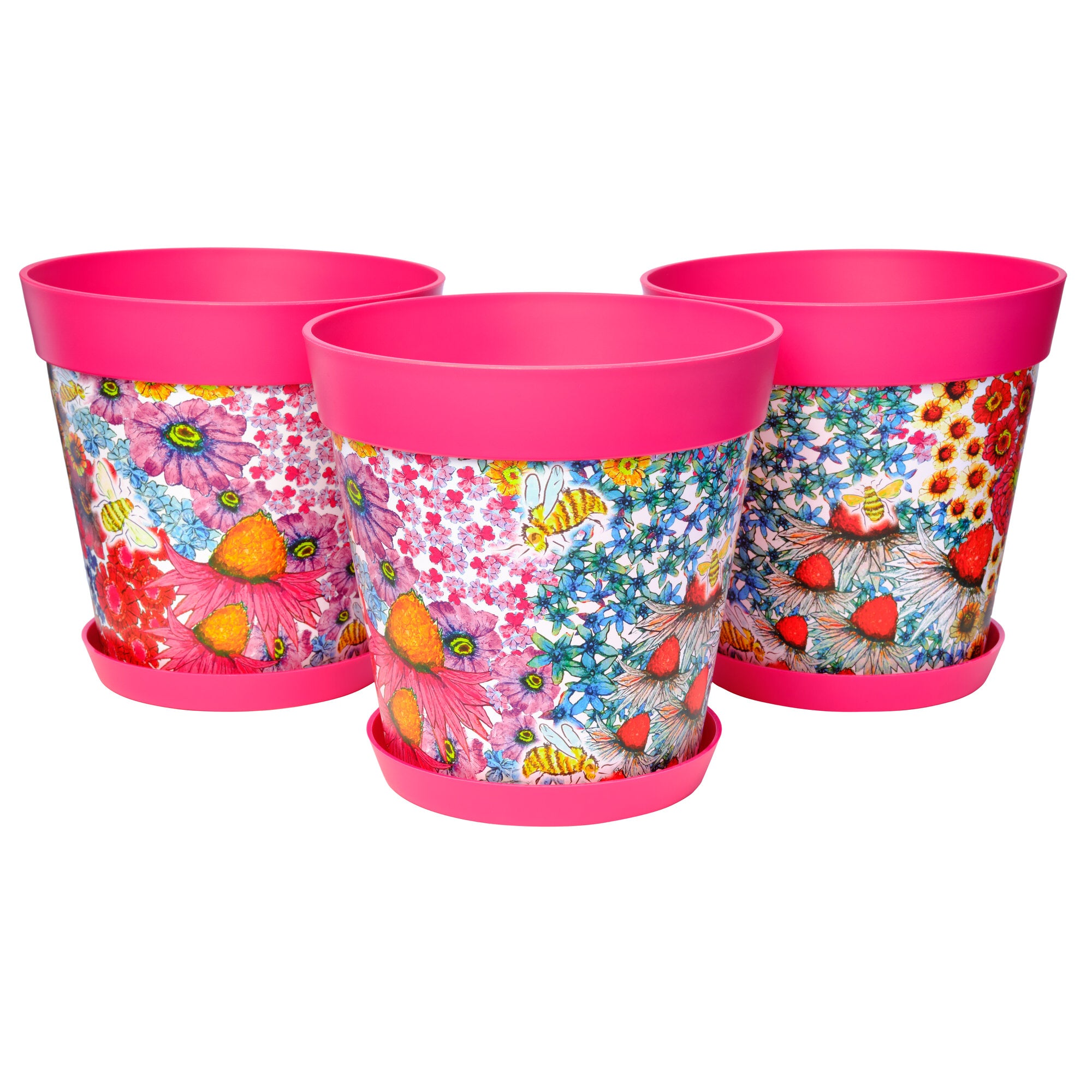 Picture of 3 Large 25cm Plastic Pink Flowers and Bees Pattern Indoor/Outdoor Flowerpots with Saucers 