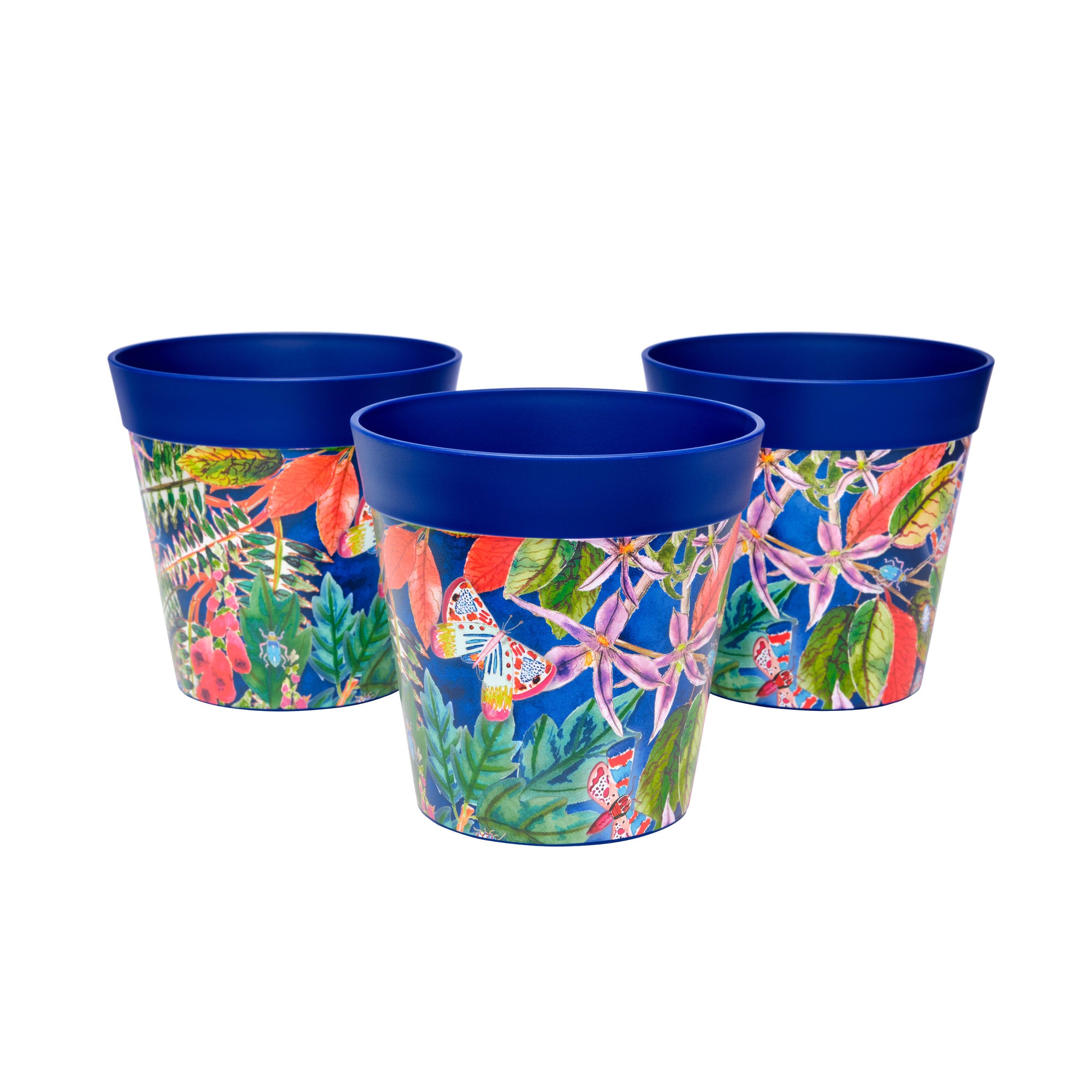 Picture of 3 Small 15cm Plastic Blue Leaves and Butterflies Indoor/Outdoor Flowerpots