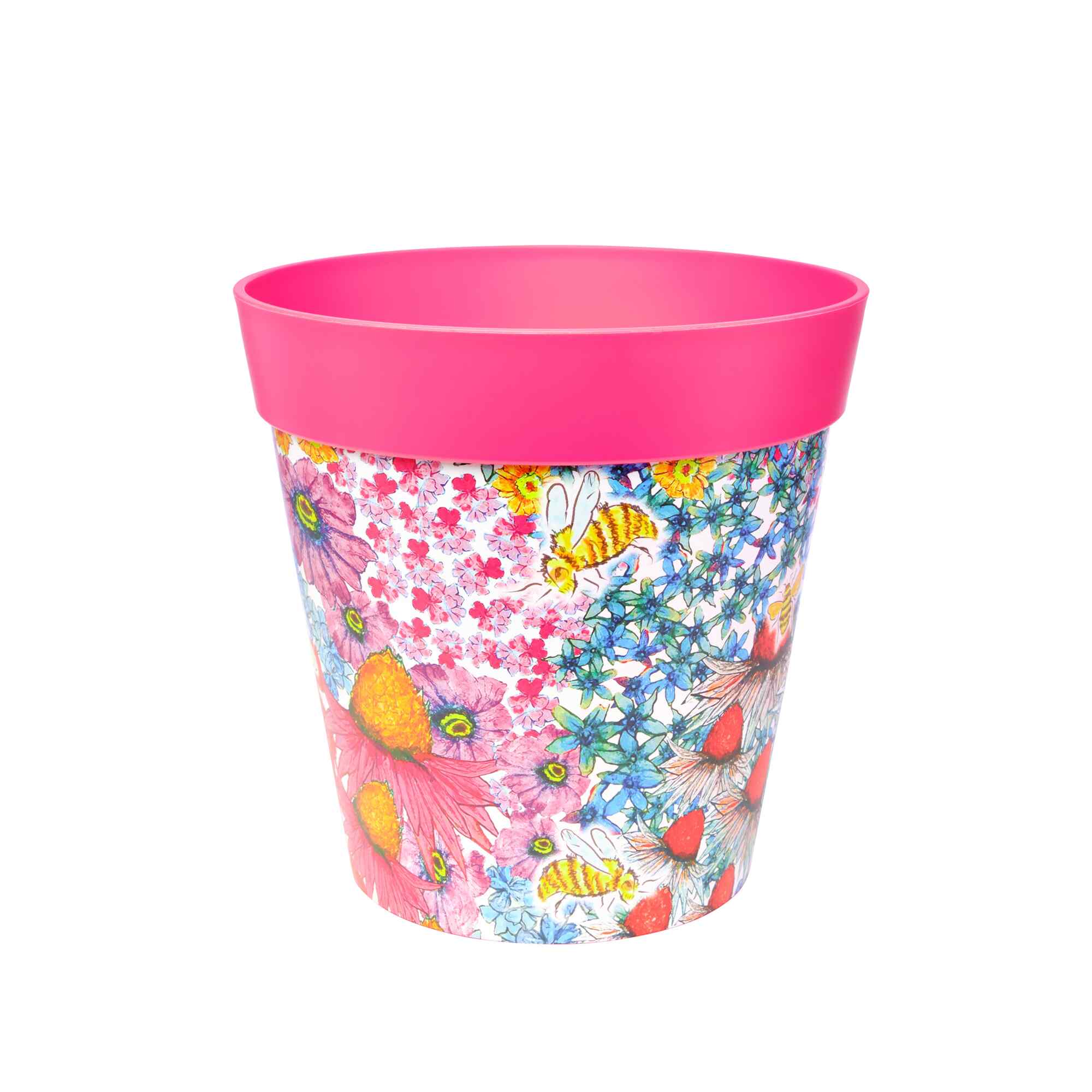 Pink Plastic Flowers & Bees Large 25cm Indoor/Outdoor Pot – Hum