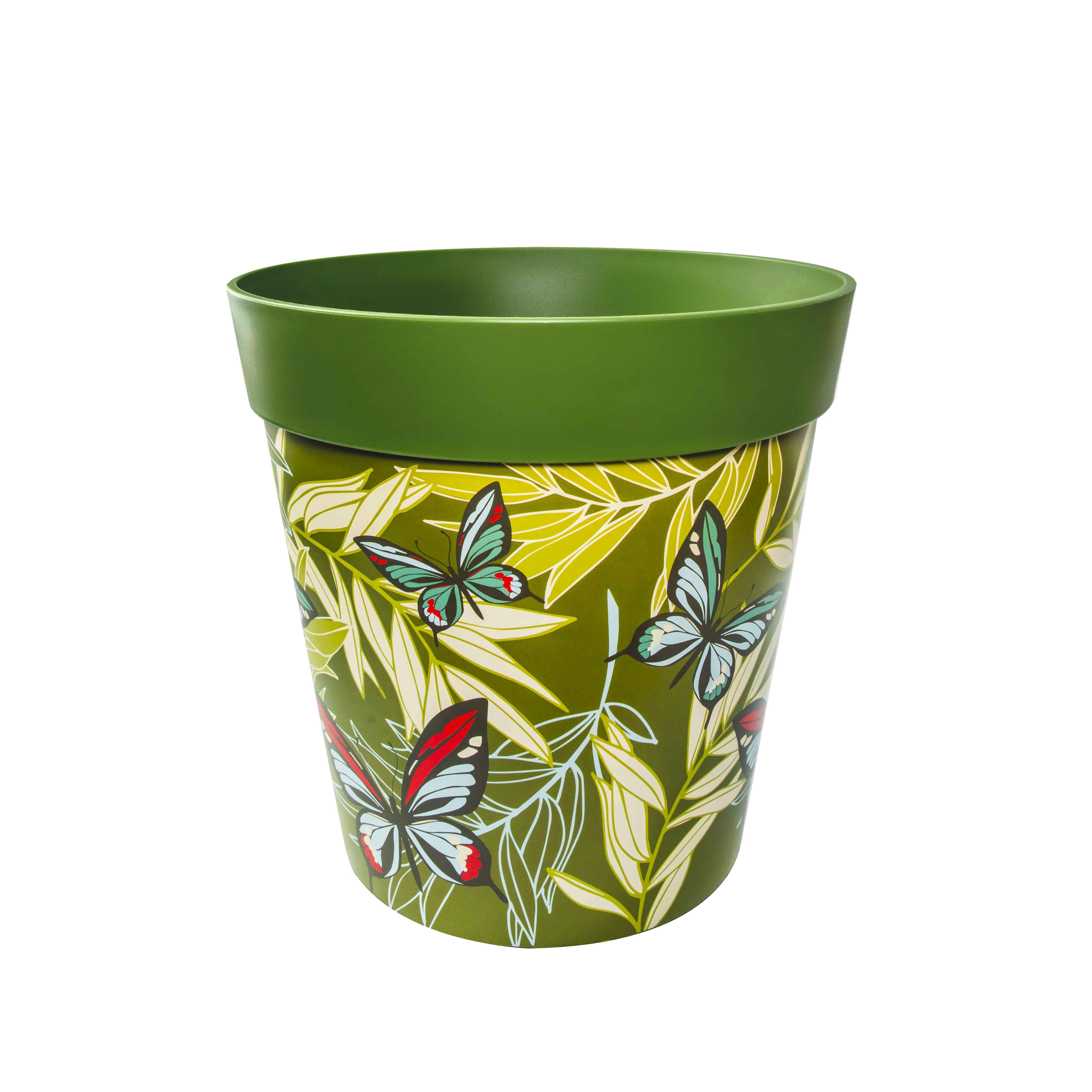 Picture of Large 25cm Green Butterfly and Palm Leaves  Pattern Plastic Indoor/Outdoor Flowerpot 