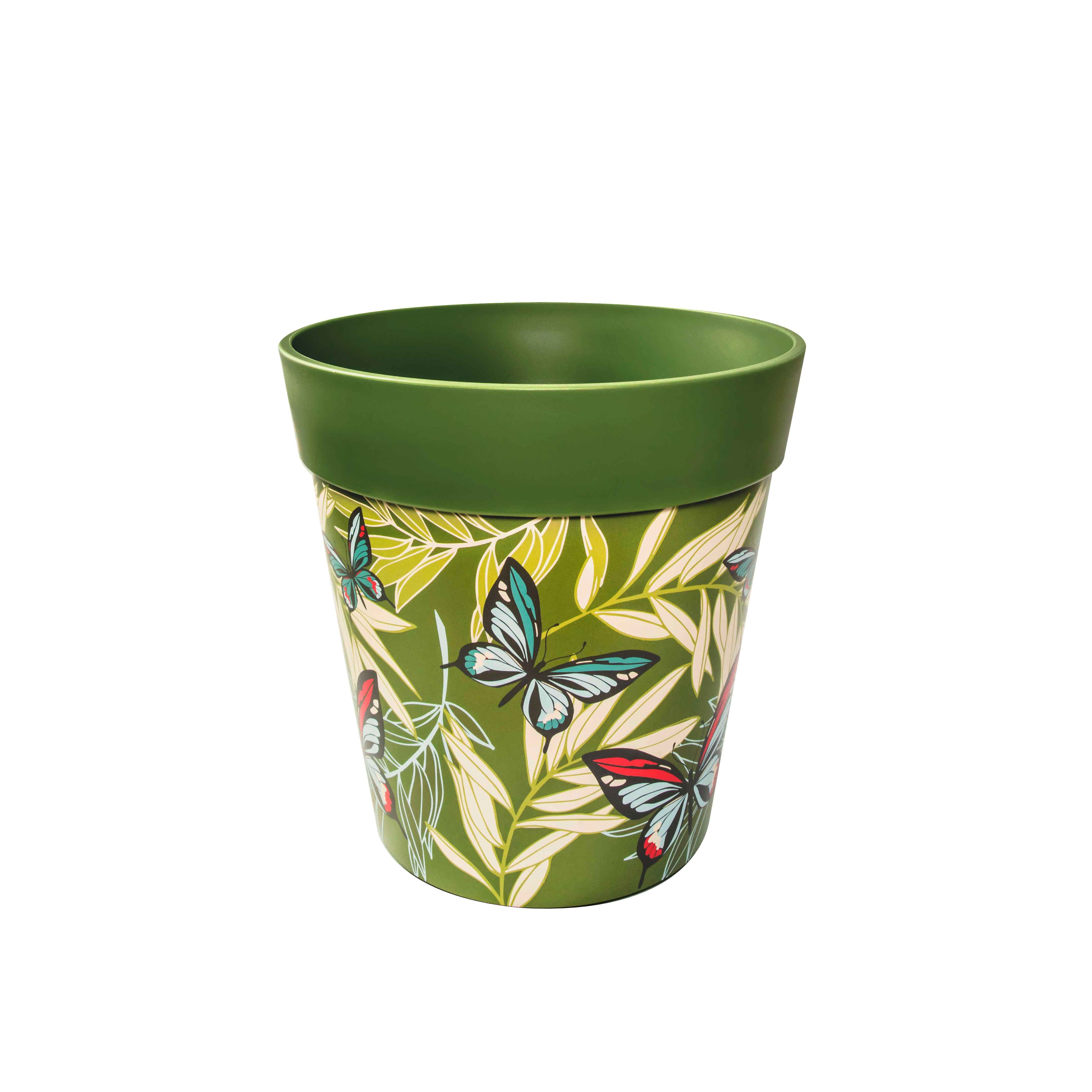Picture of Medium 22cm Green Butterfly and Palm Leaves  Pattern Plastic Indoor/Outdoor Flowerpot 