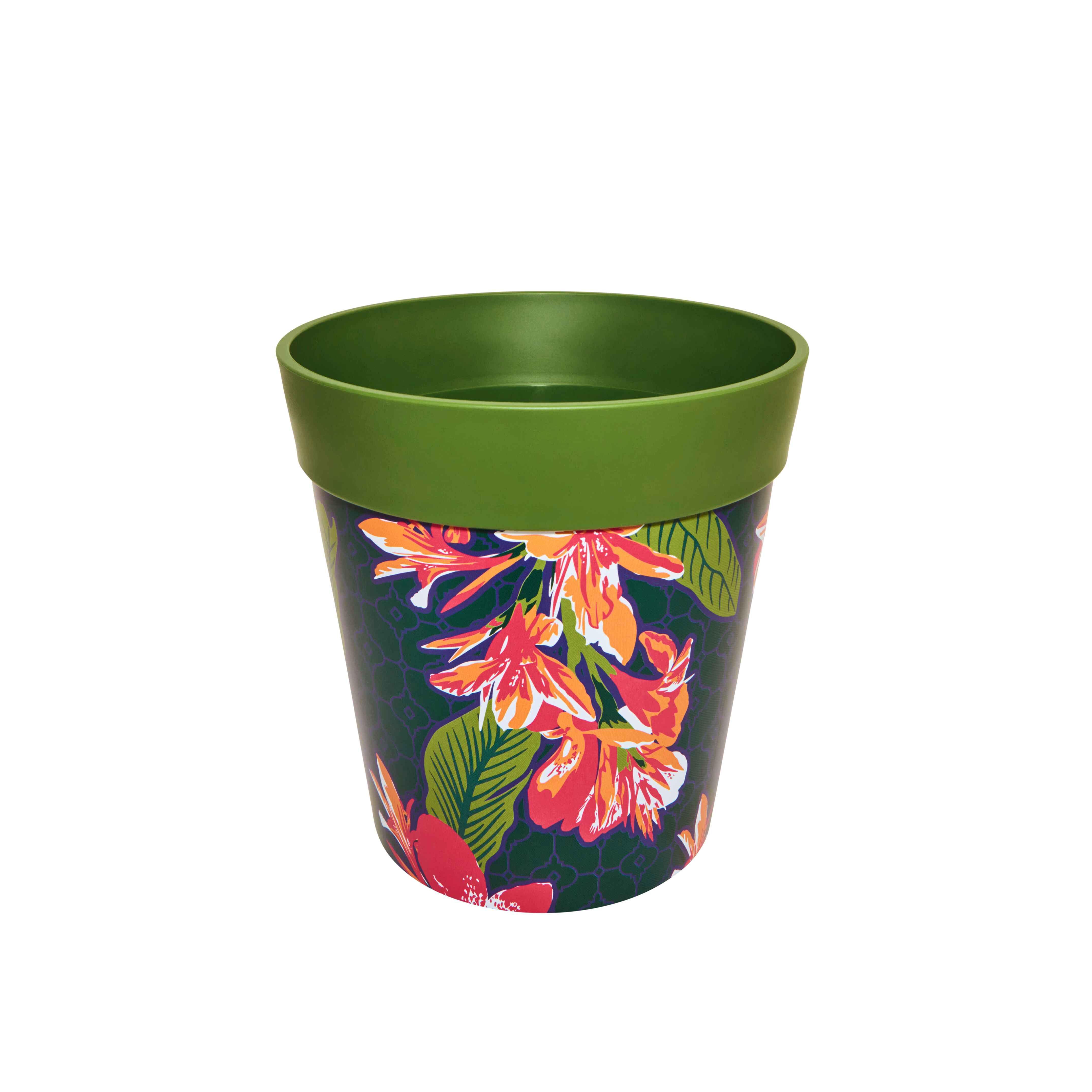 Picture of Medium 22cm Green Tropical Flowers Pattern Plastic Indoor/Outdoor Flowerpot 