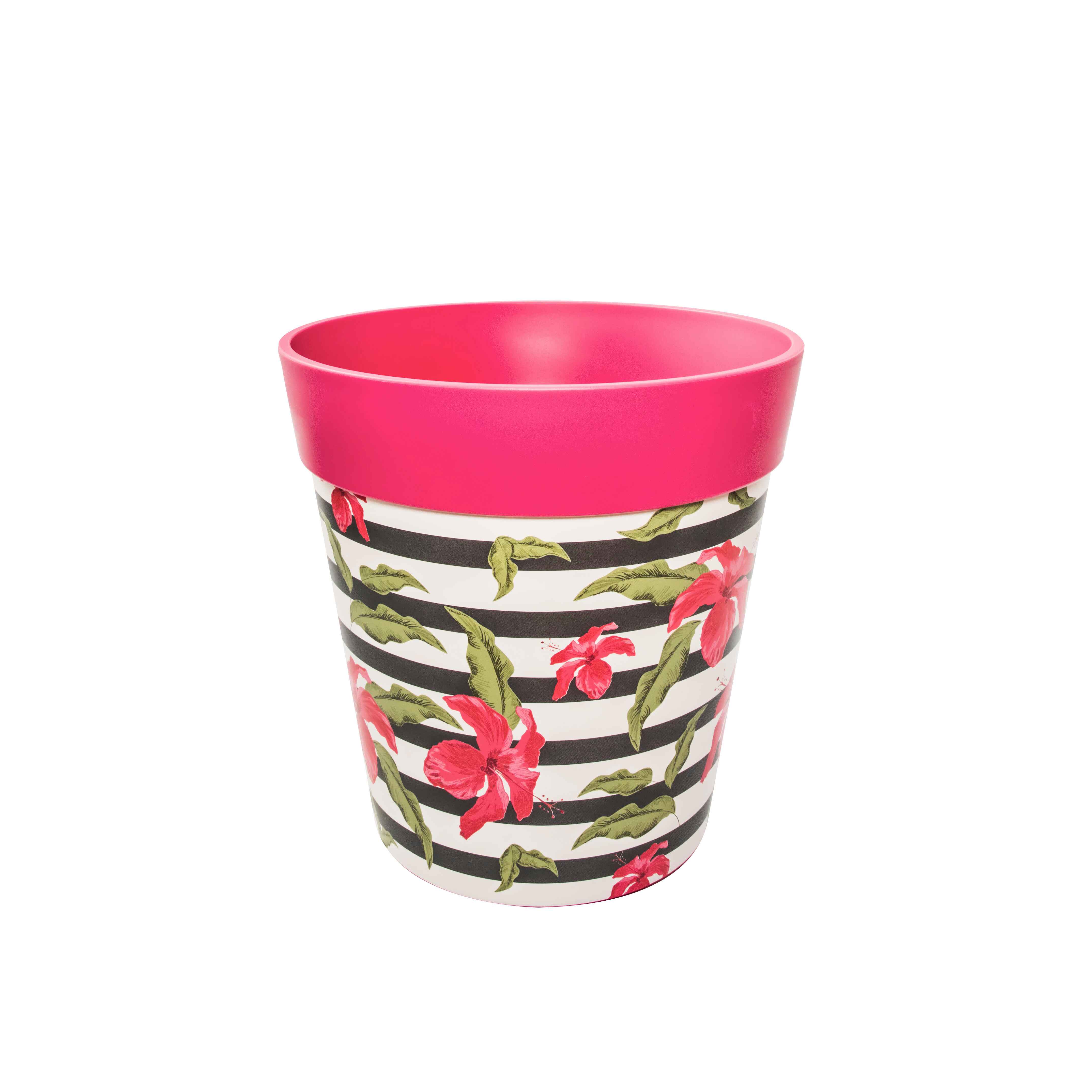 Picture of Medium 22cm Plastic Pink Hibiscus Stripe Pattern Indoor/Outdoor Flower Pots 