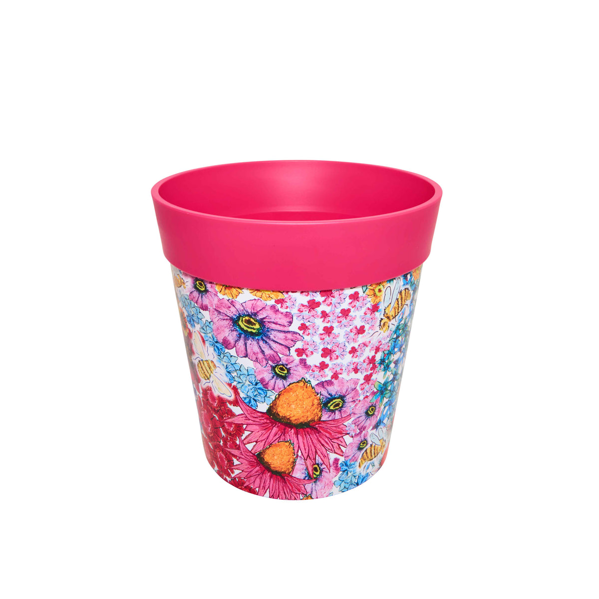 Pink Plastic Flowers & Bees Pattern Medium 22cm Indoor/Outdoor Pot ...