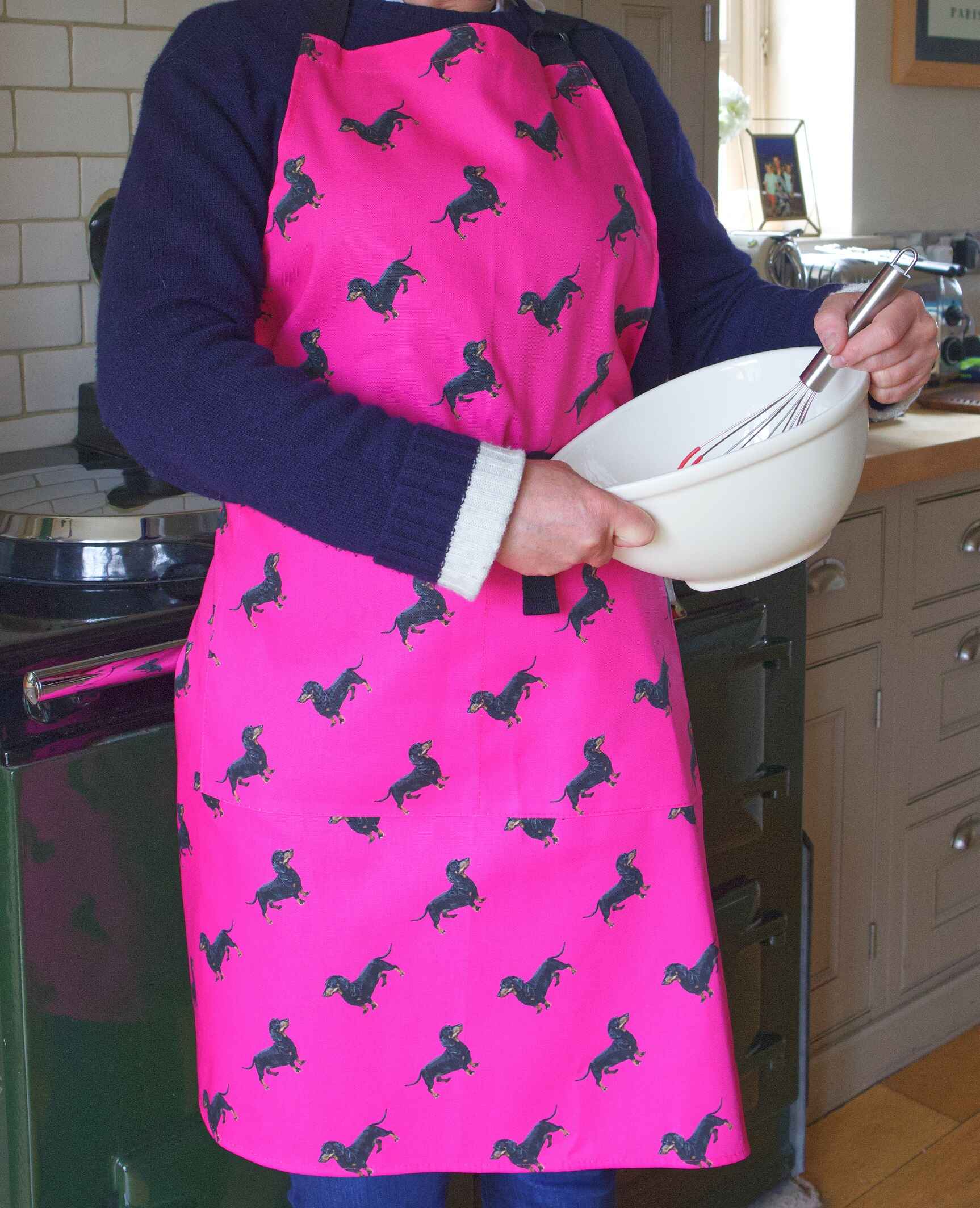 pink apron with dachsund sausage dog pattern