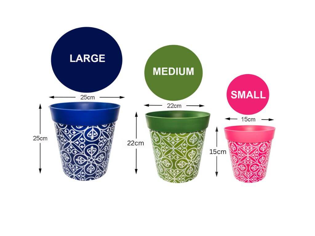 large, medium and small flower pot diagram with dimensions