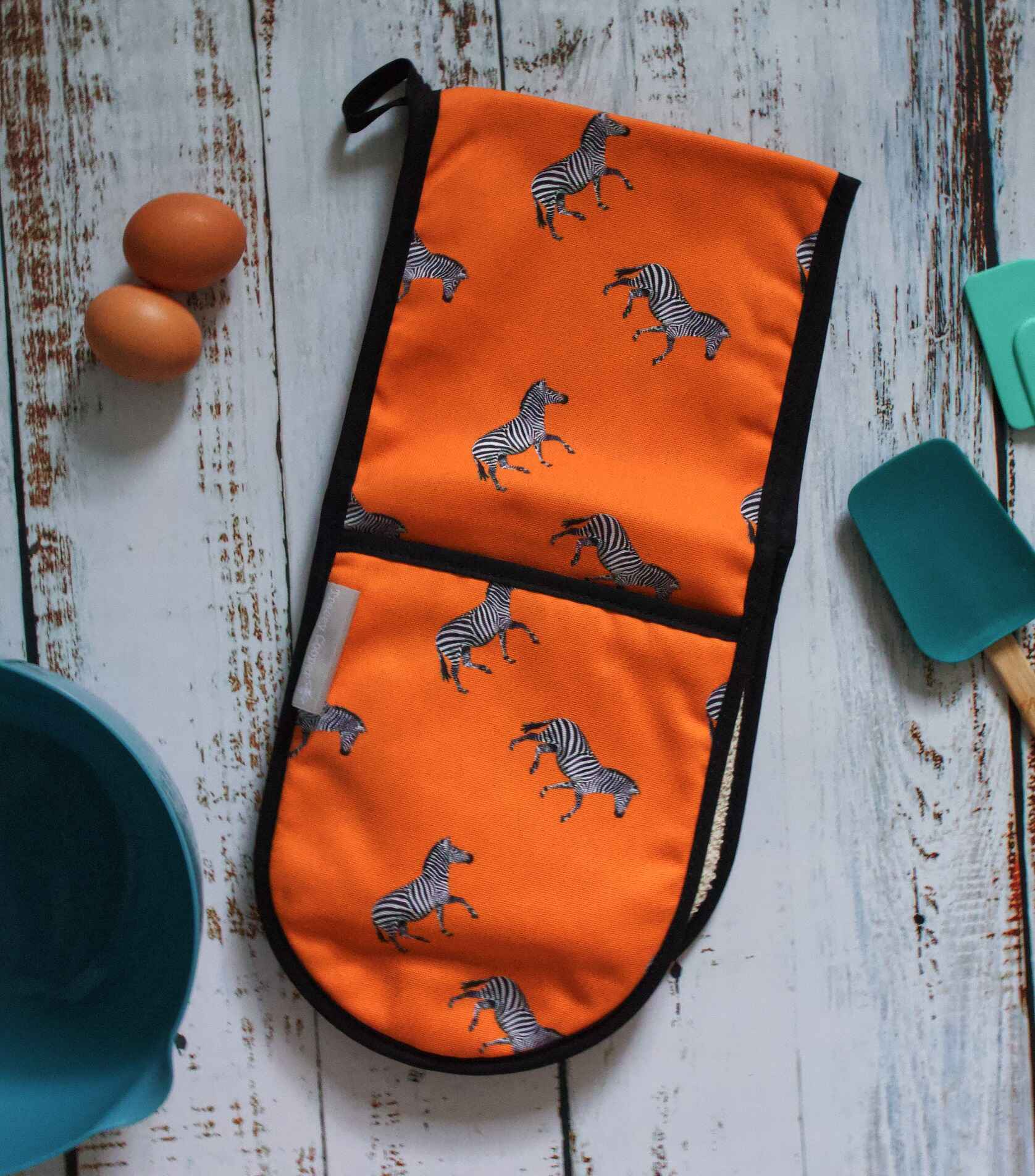 orange zebra pattern oven gloves